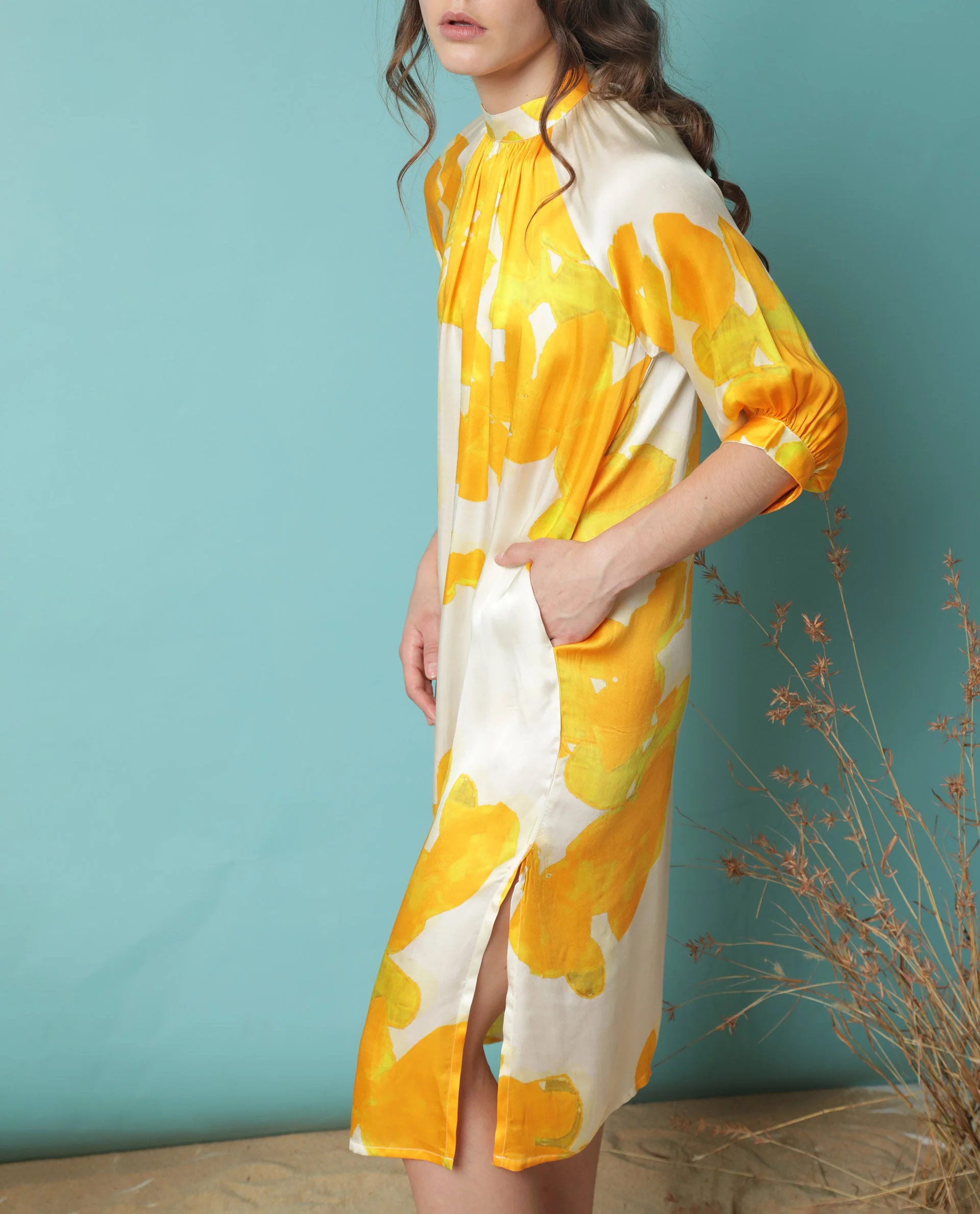 Rareism Women's Tycoon Yellow Modal Blend High Neck Abstract Print Knee Length Regular Fit Dress - Image 7