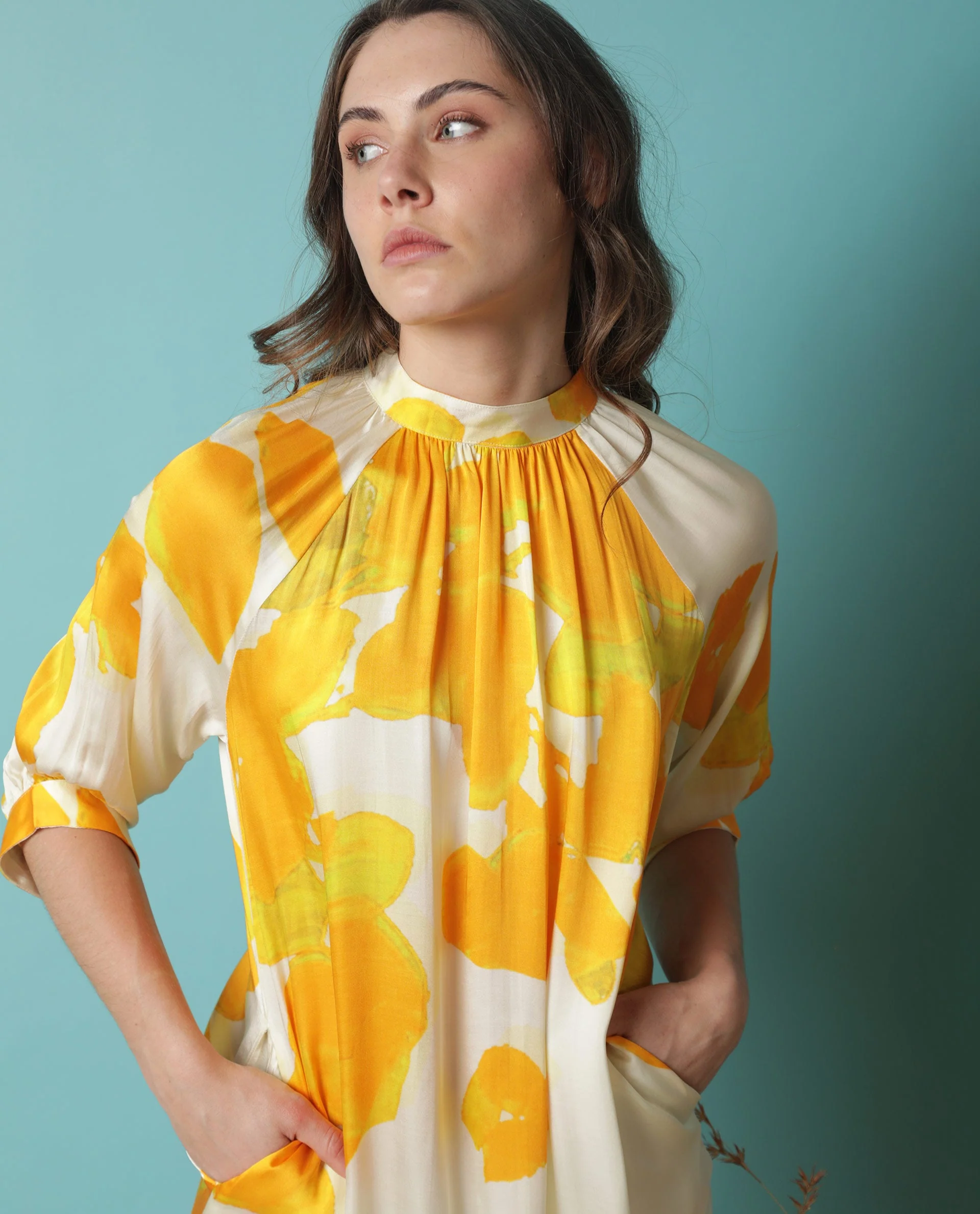 Rareism Women's Tycoon Yellow Modal Blend High Neck Abstract Print Knee Length Regular Fit Dress - Image 8