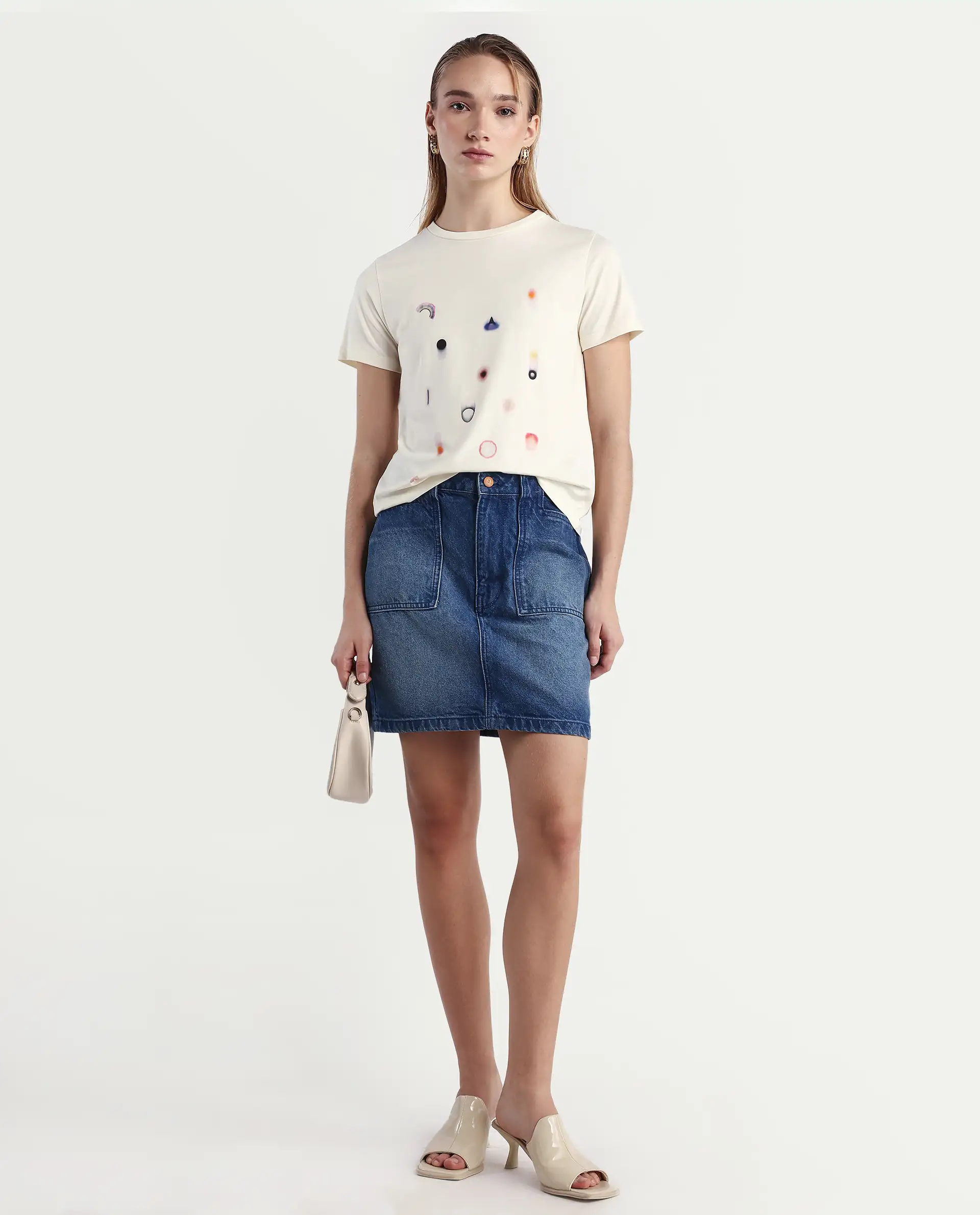 Rareism Women's Tye Off White Cotton Blend Crew Neck Regular Fit T-Shirt - Image 2