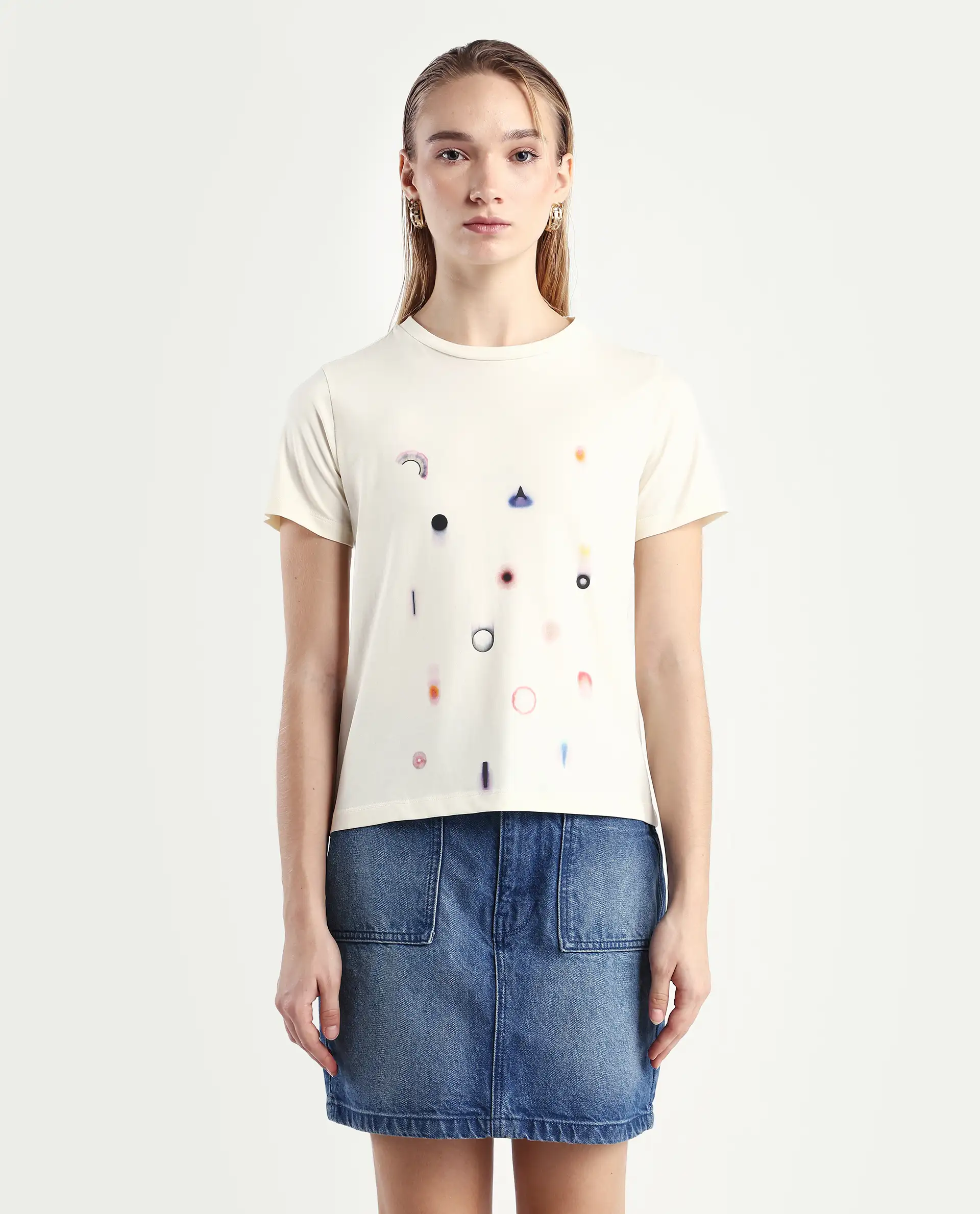 Rareism Women's Tye Off White Cotton Blend Crew Neck Regular Fit T-Shirt - Image 3