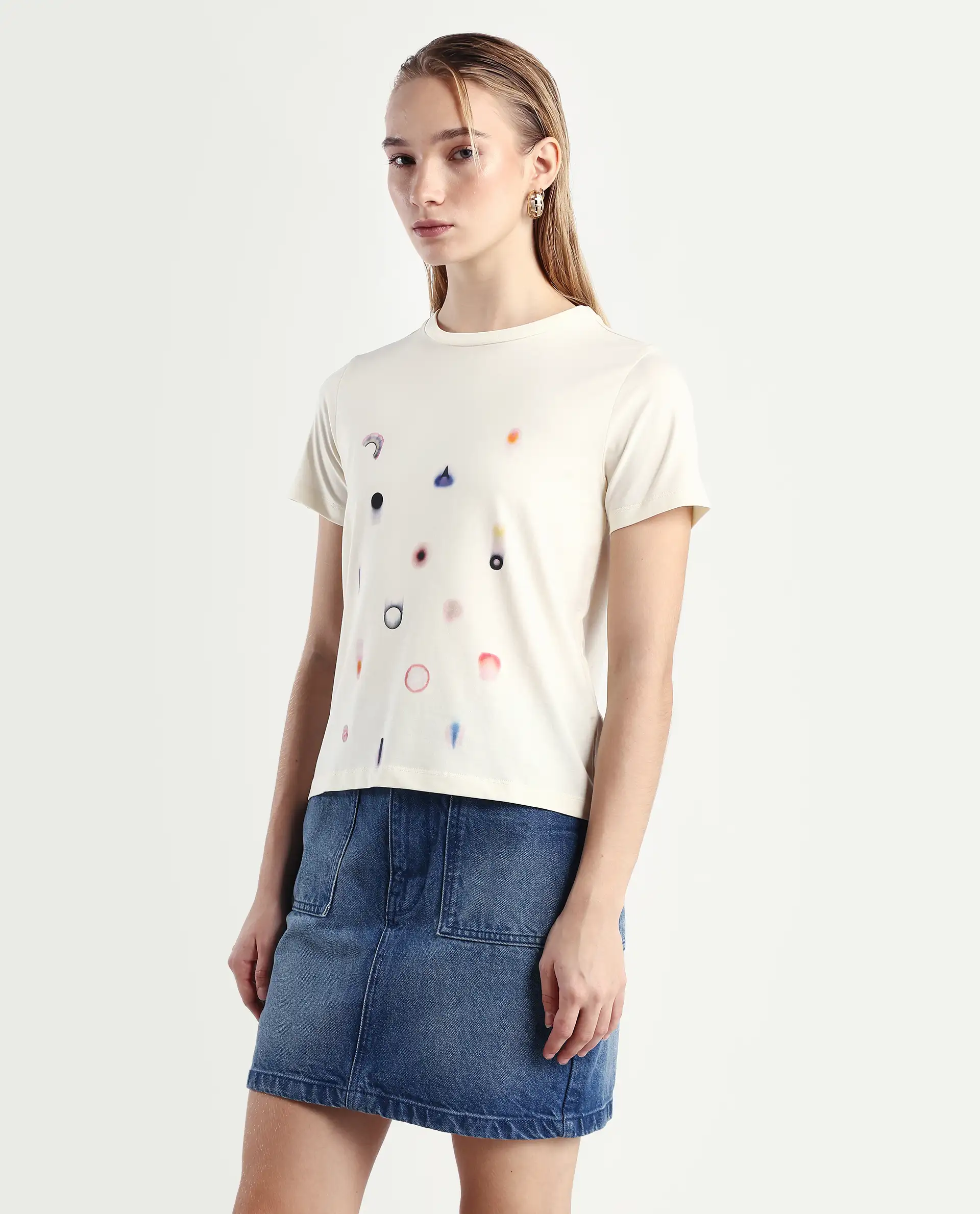 Rareism Women's Tye Off White Cotton Blend Crew Neck Regular Fit T-Shirt - Image 5