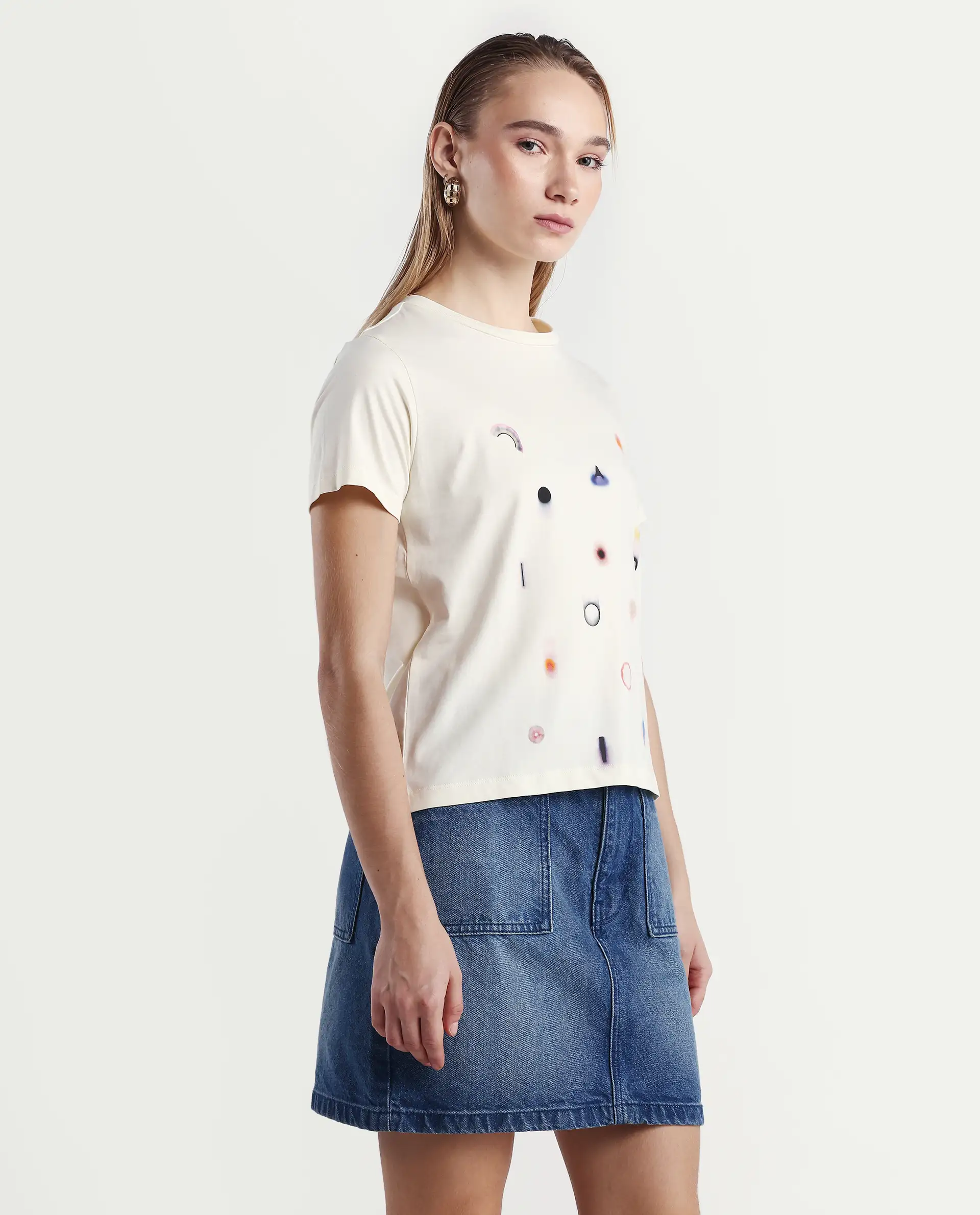 Rareism Women's Tye Off White Cotton Blend Crew Neck Regular Fit T-Shirt - Image 6