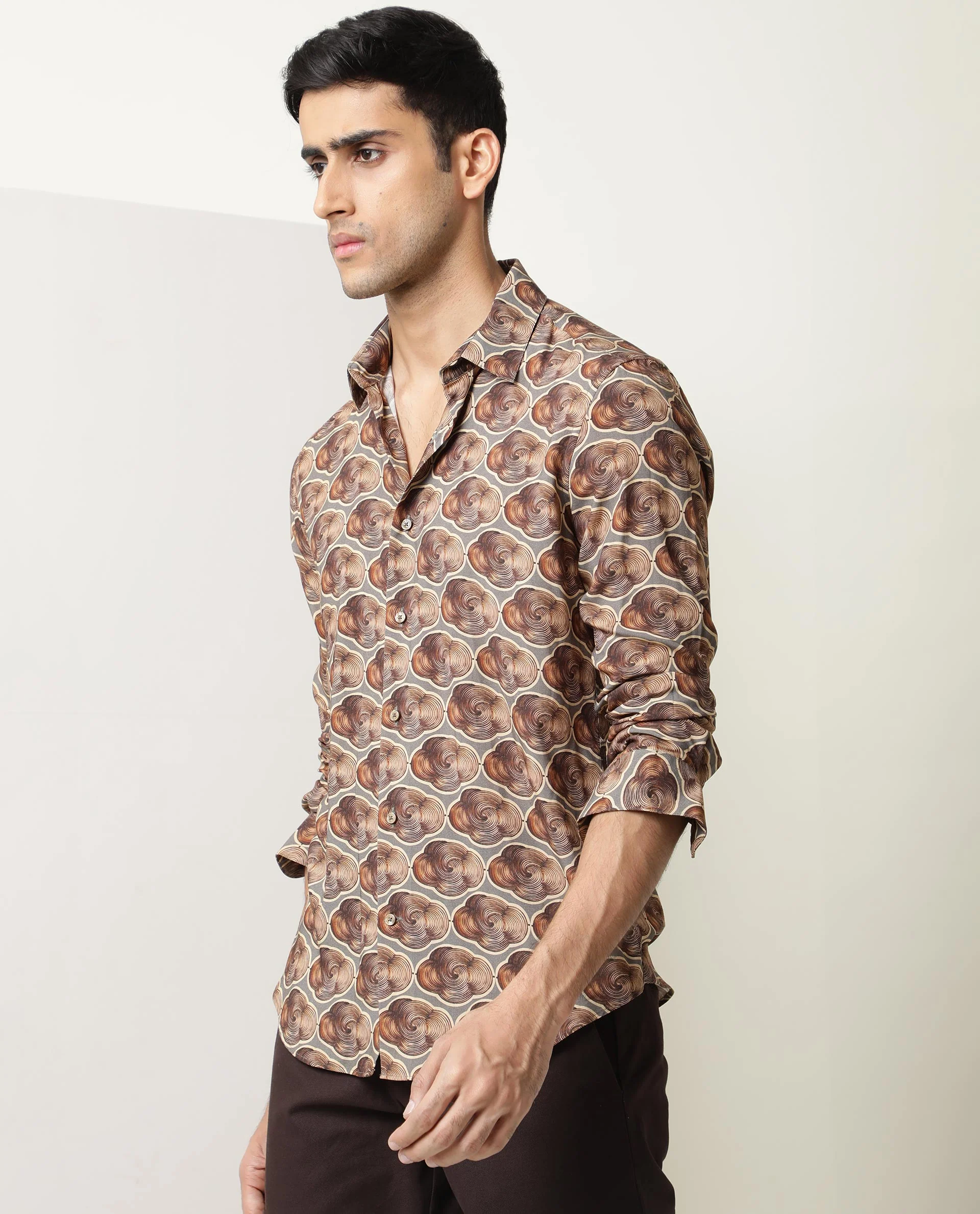 Rare Rabbit Men's Tymon Ls Grey Viscose Geometric Print Regular Fit Full Sleeve Collared Shirt - Image 3