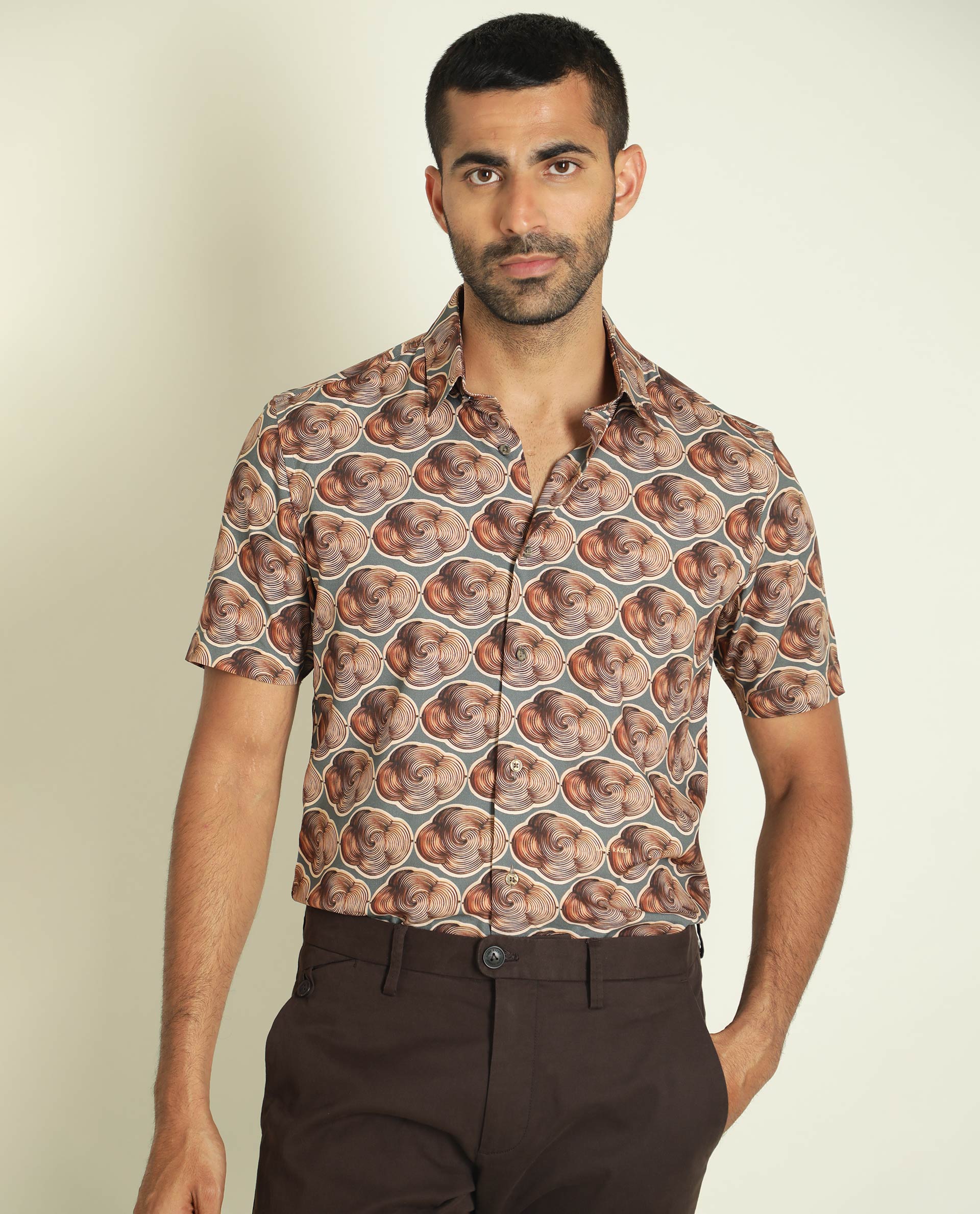 Rare Rabbit Men's Tymon Ss Grey Viscose Geometric Print Regular Fit Half Sleeve Spread Collar Shirt - Image 3