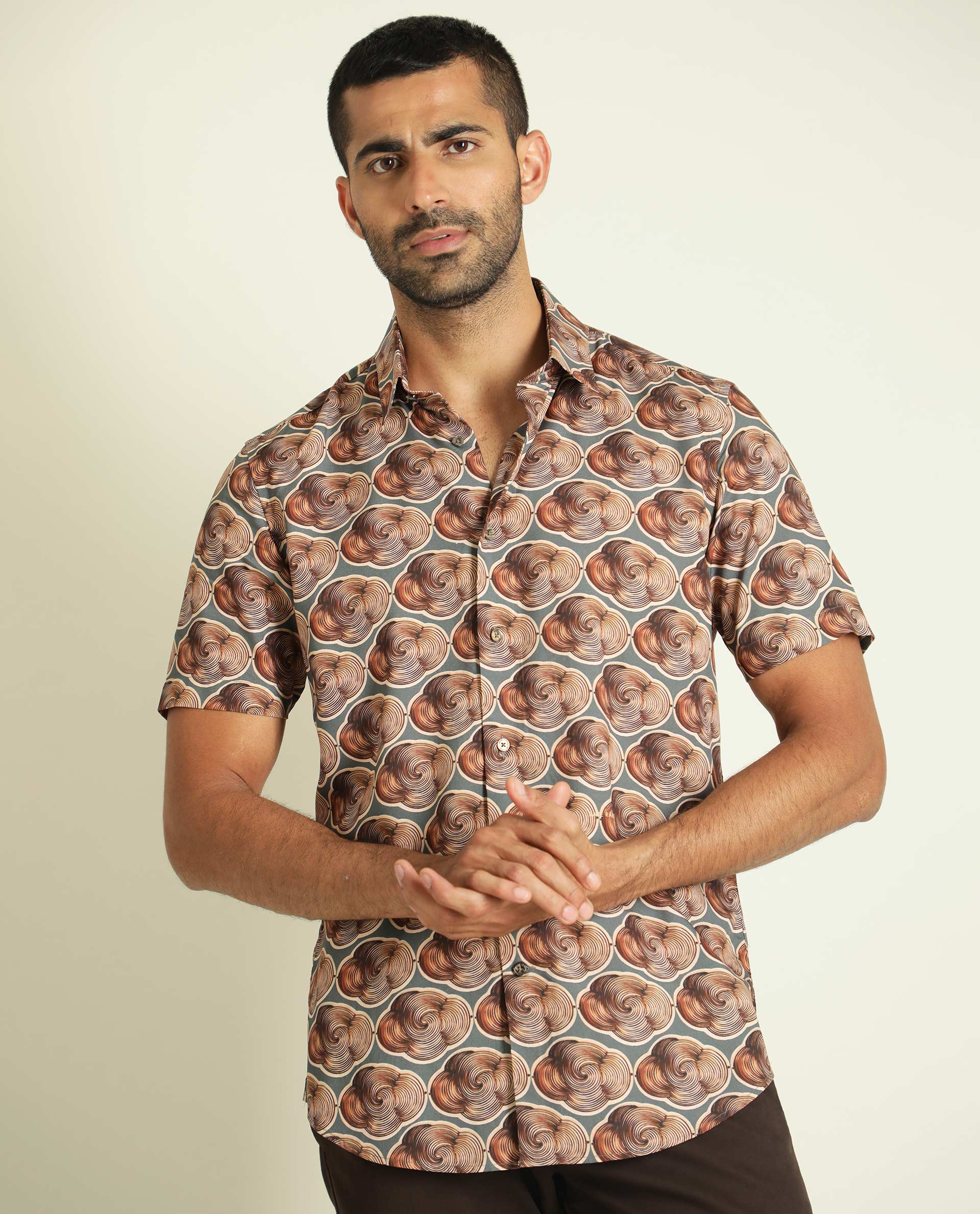 Rare Rabbit Men's Tymon Ss Grey Viscose Geometric Print Regular Fit Half Sleeve Spread Collar Shirt - Image 5