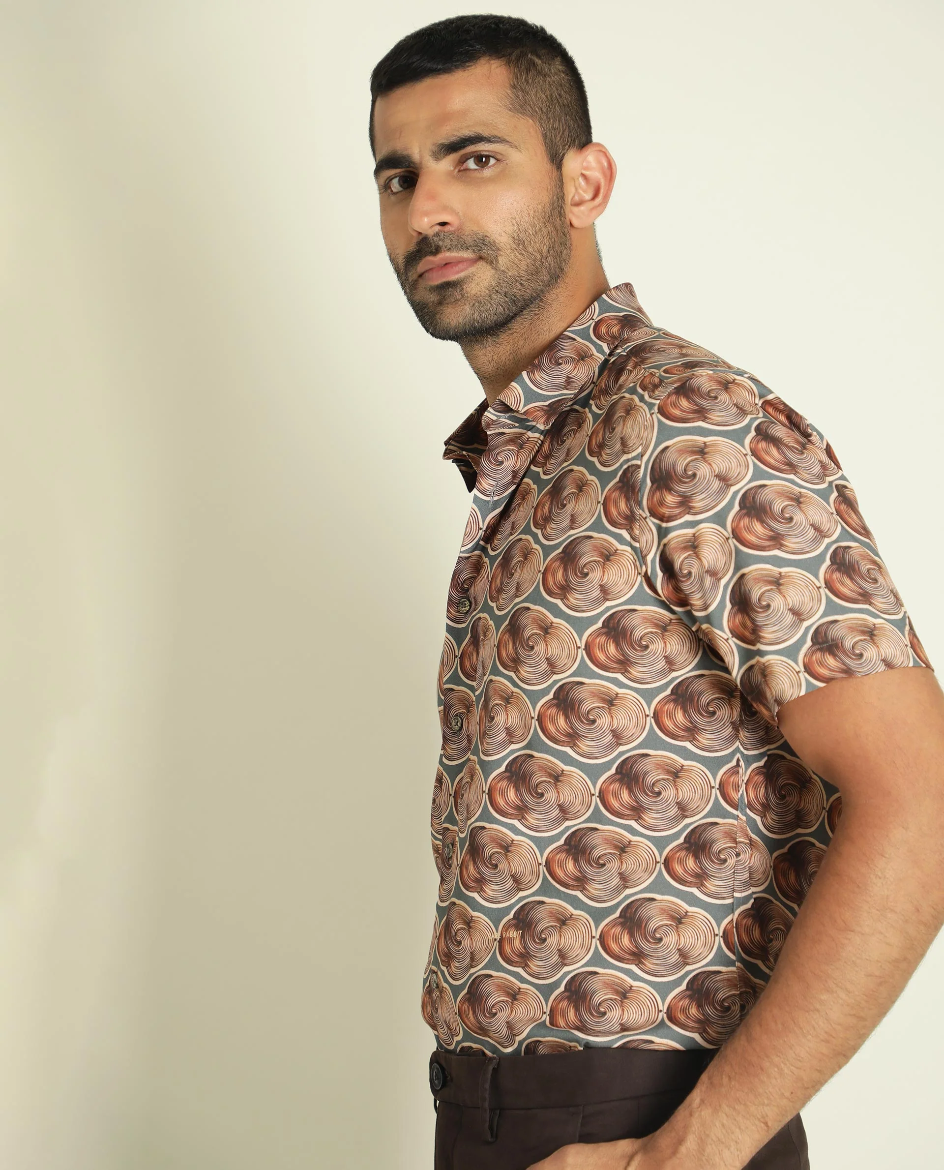 Rare Rabbit Men's Tymon Ss Grey Viscose Geometric Print Regular Fit Half Sleeve Spread Collar Shirt - Image 7
