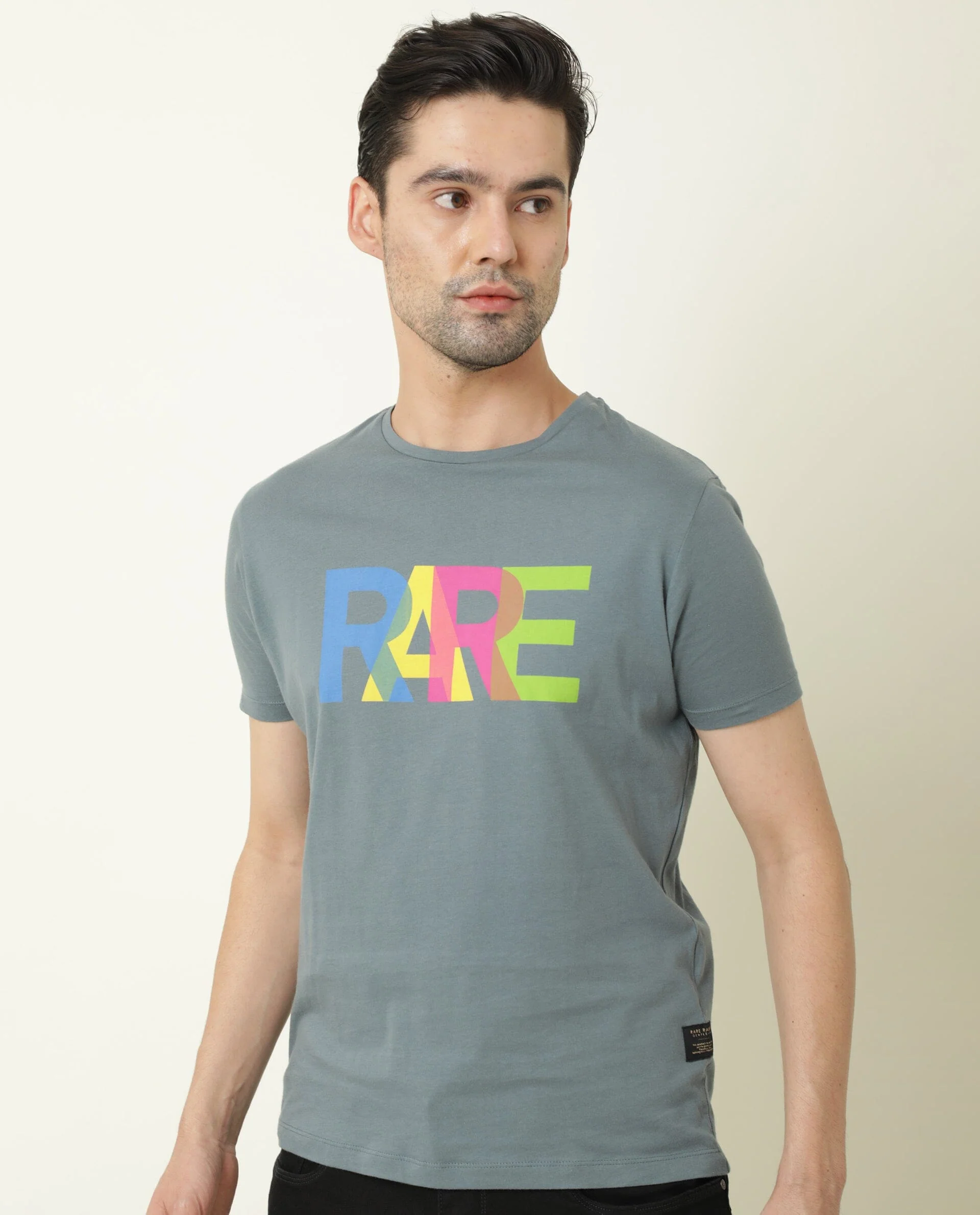 Rare Rabbit Men's Type Grey Cotton Graphic Print Slim Fit Half Sleeve Crew Neck T-Shirt