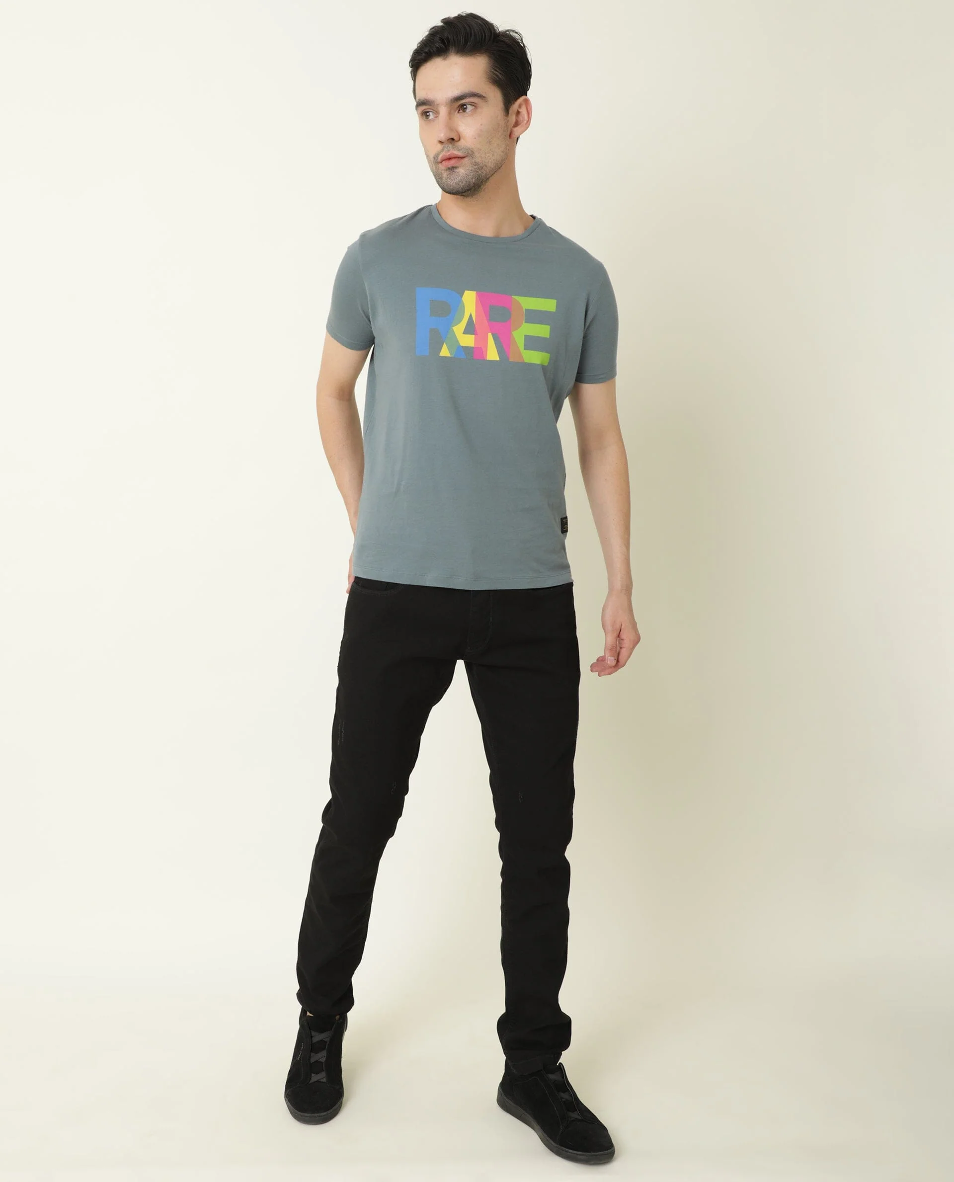 Rare Rabbit Men's Type Grey Cotton Graphic Print Slim Fit Half Sleeve Crew Neck T-Shirt - Image 2