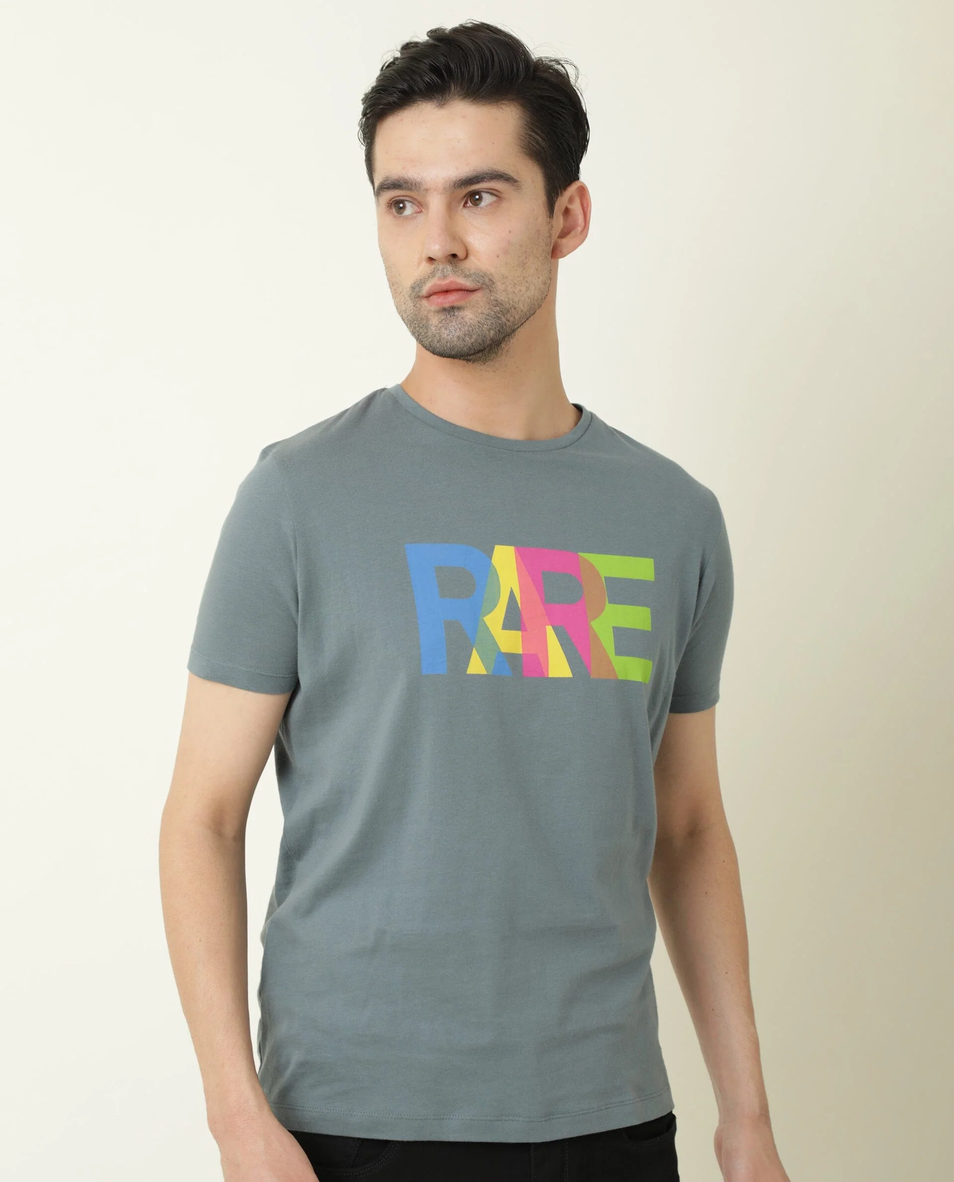 Rare Rabbit Men's Type Grey Cotton Graphic Print Slim Fit Half Sleeve Crew Neck T-Shirt - Image 3