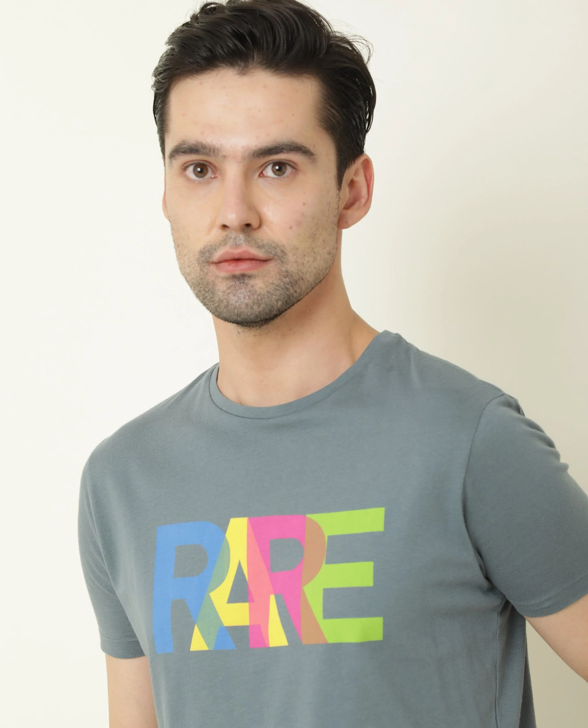 Rare Rabbit Men's Type Grey Cotton Graphic Print Slim Fit Half Sleeve Crew Neck T-Shirt - Image 4