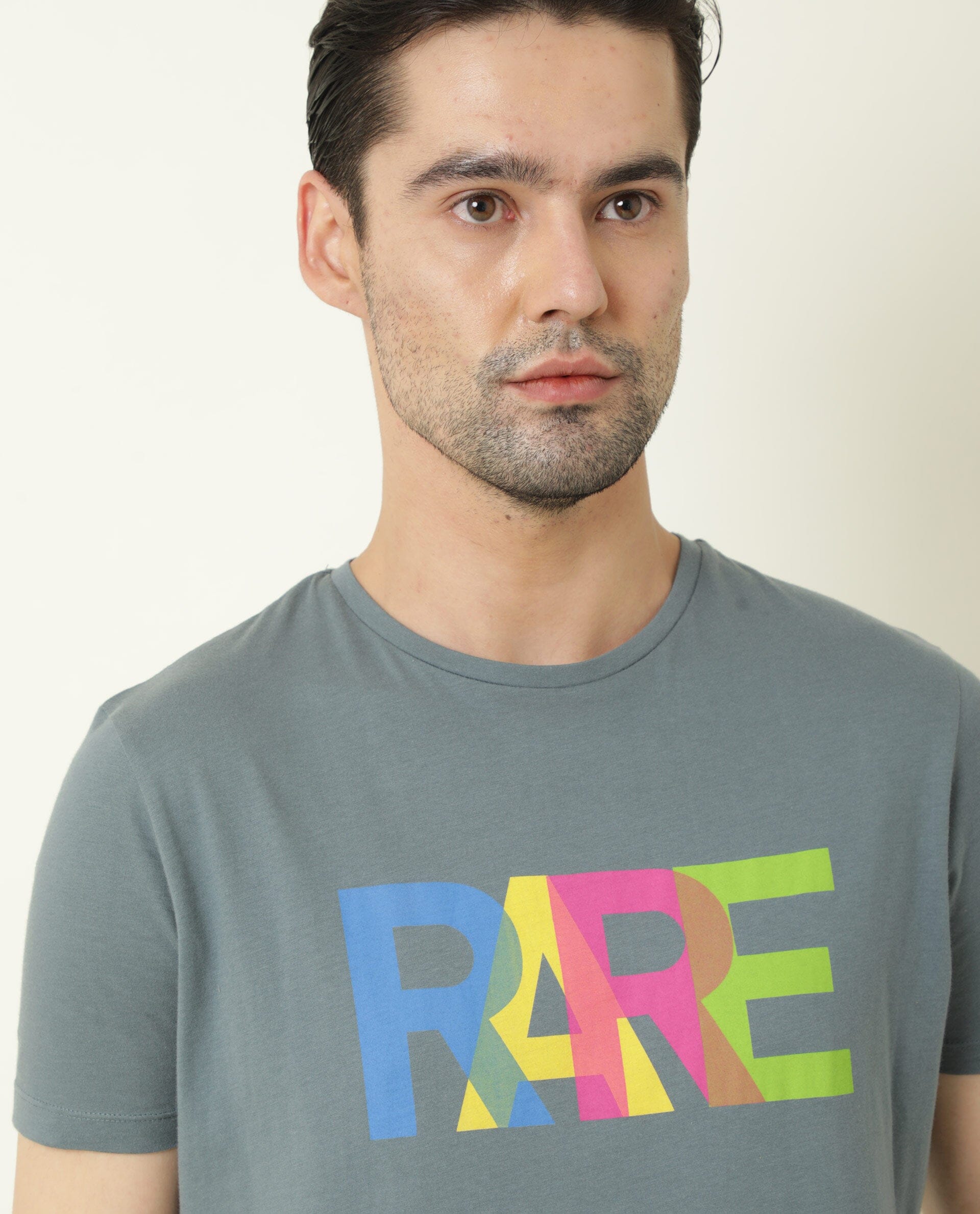Rare Rabbit Men's Type Grey Cotton Graphic Print Slim Fit Half Sleeve Crew Neck T-Shirt - Image 5