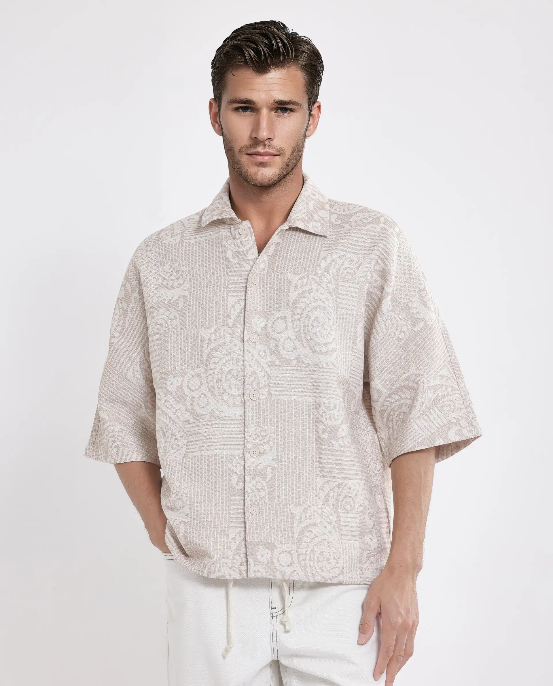 Rare Rabbit Men's Tyra Beige Cotton Blend Jacquard Oversized Fit Half Sleeve Collared Shacket - Image 2