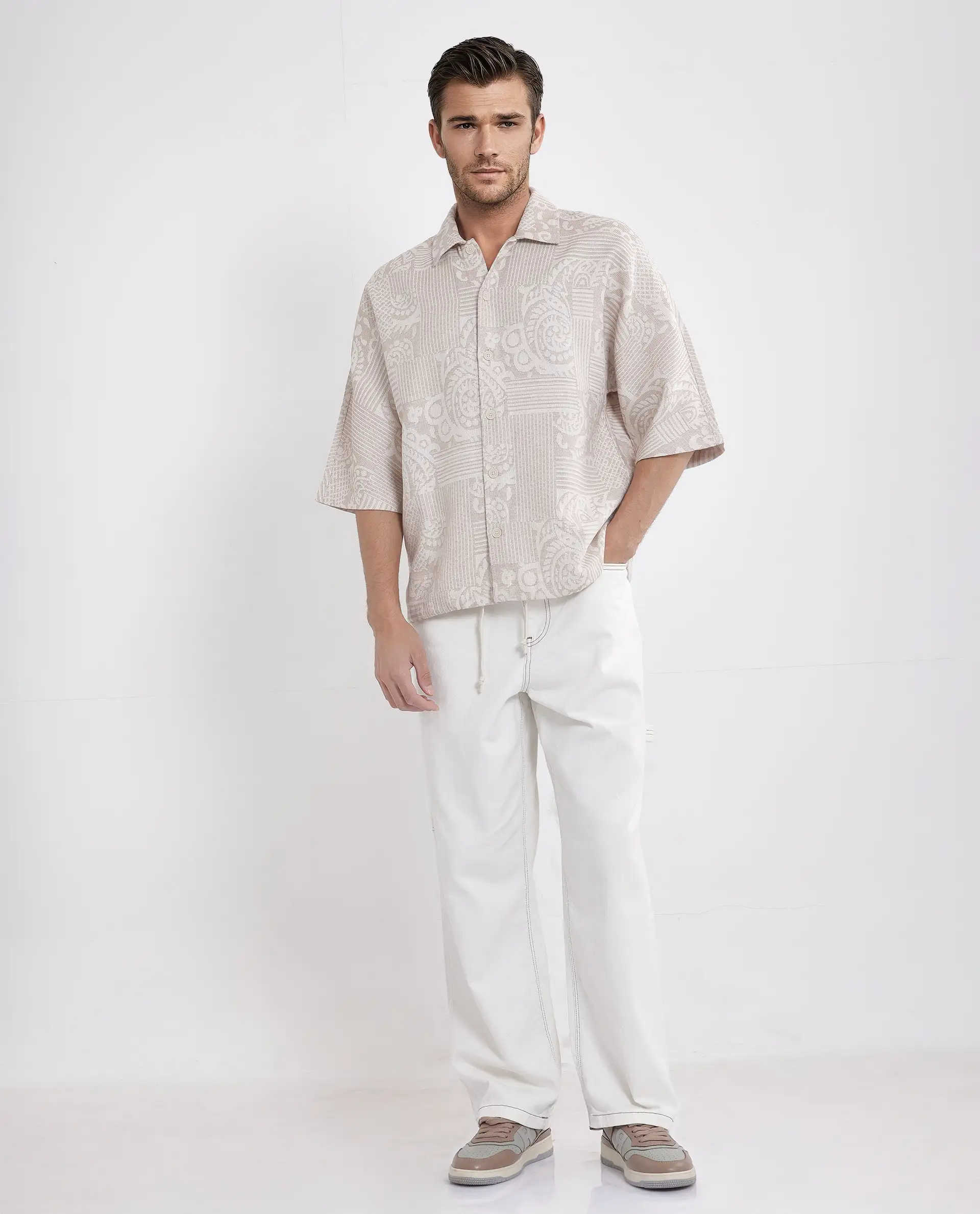 Rare Rabbit Men's Tyra Beige Cotton Blend Jacquard Oversized Fit Half Sleeve Collared Shacket - Image 3