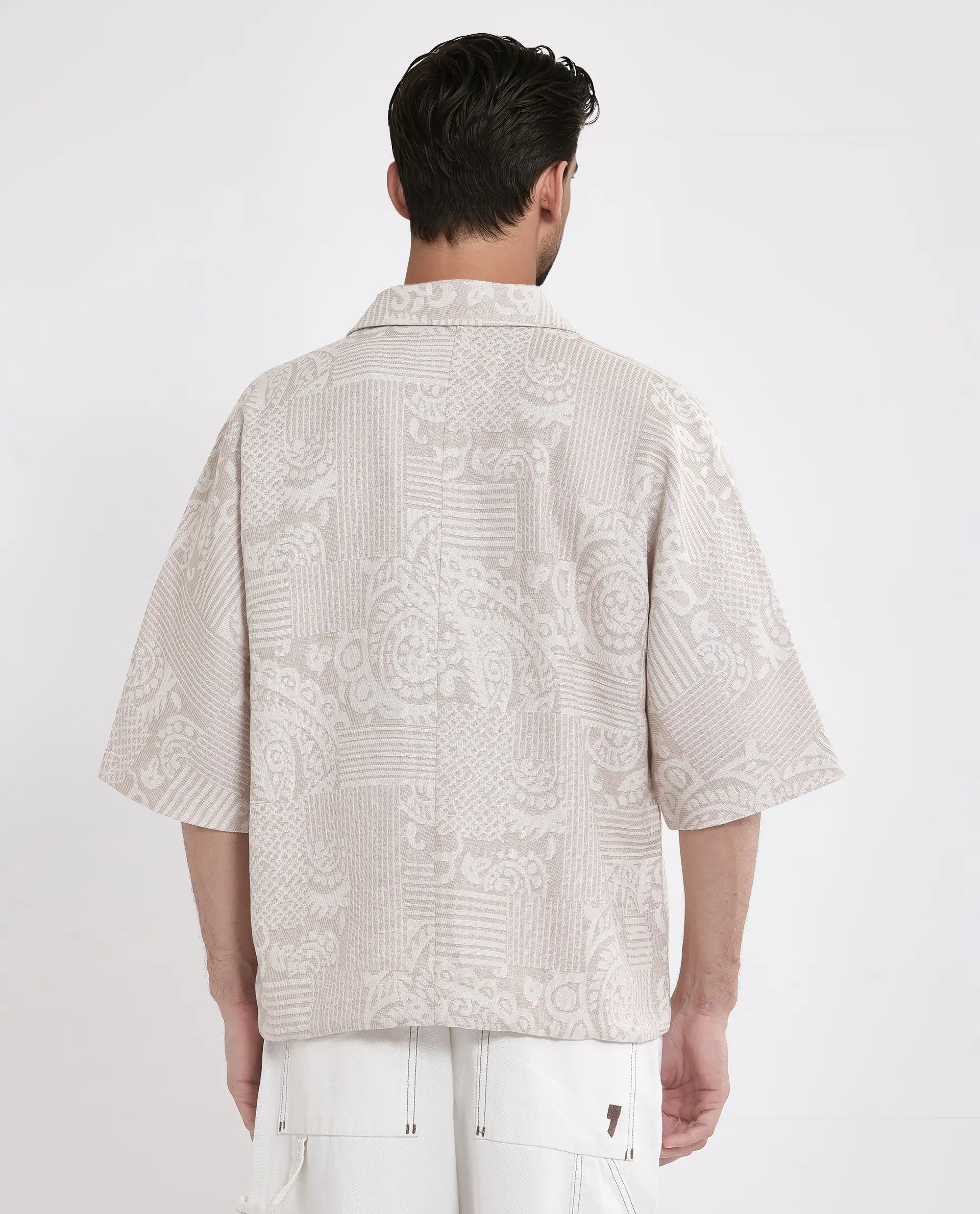 Rare Rabbit Men's Tyra Beige Cotton Blend Jacquard Oversized Fit Half Sleeve Collared Shacket - Image 4