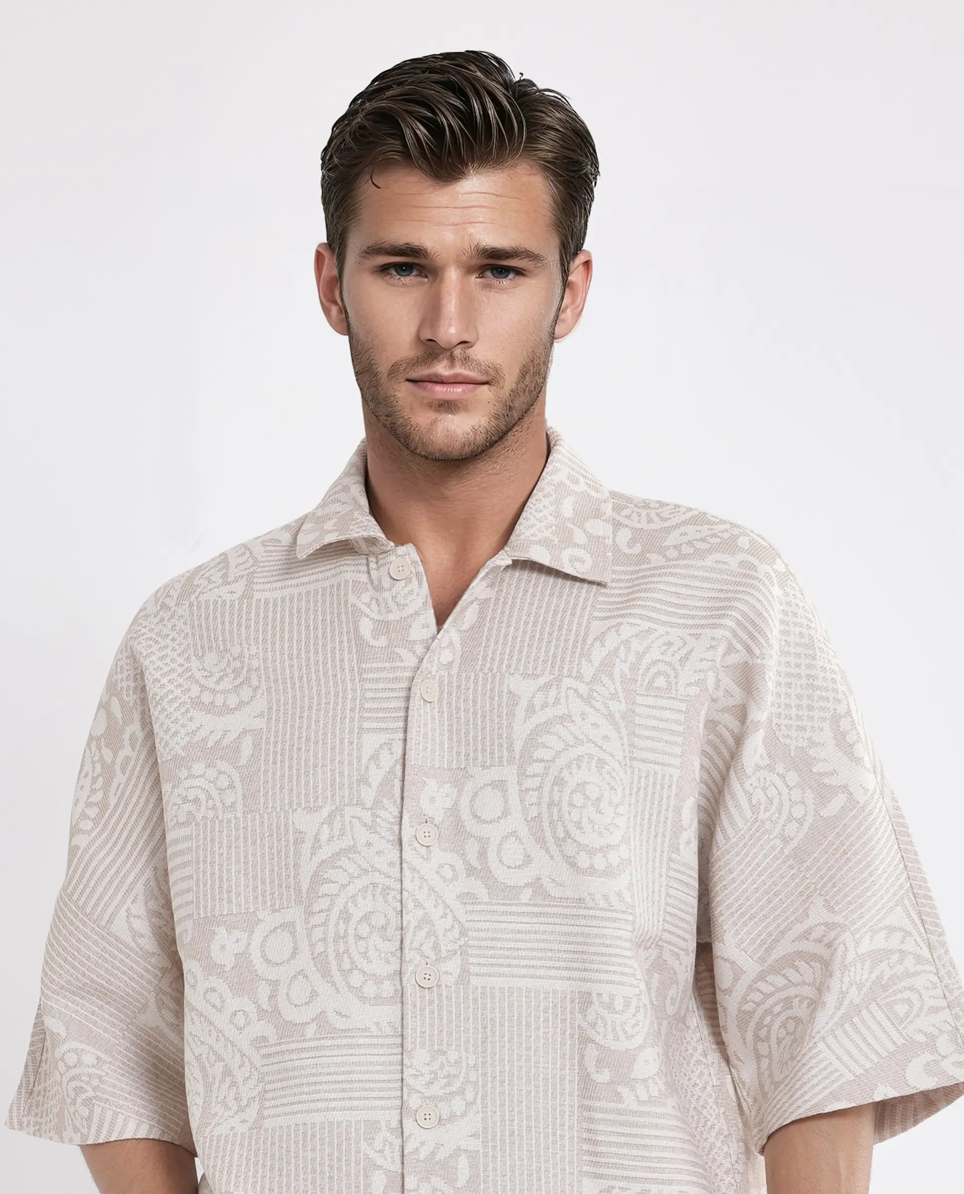 Rare Rabbit Men's Tyra Beige Cotton Blend Jacquard Oversized Fit Half Sleeve Collared Shacket - Image 5