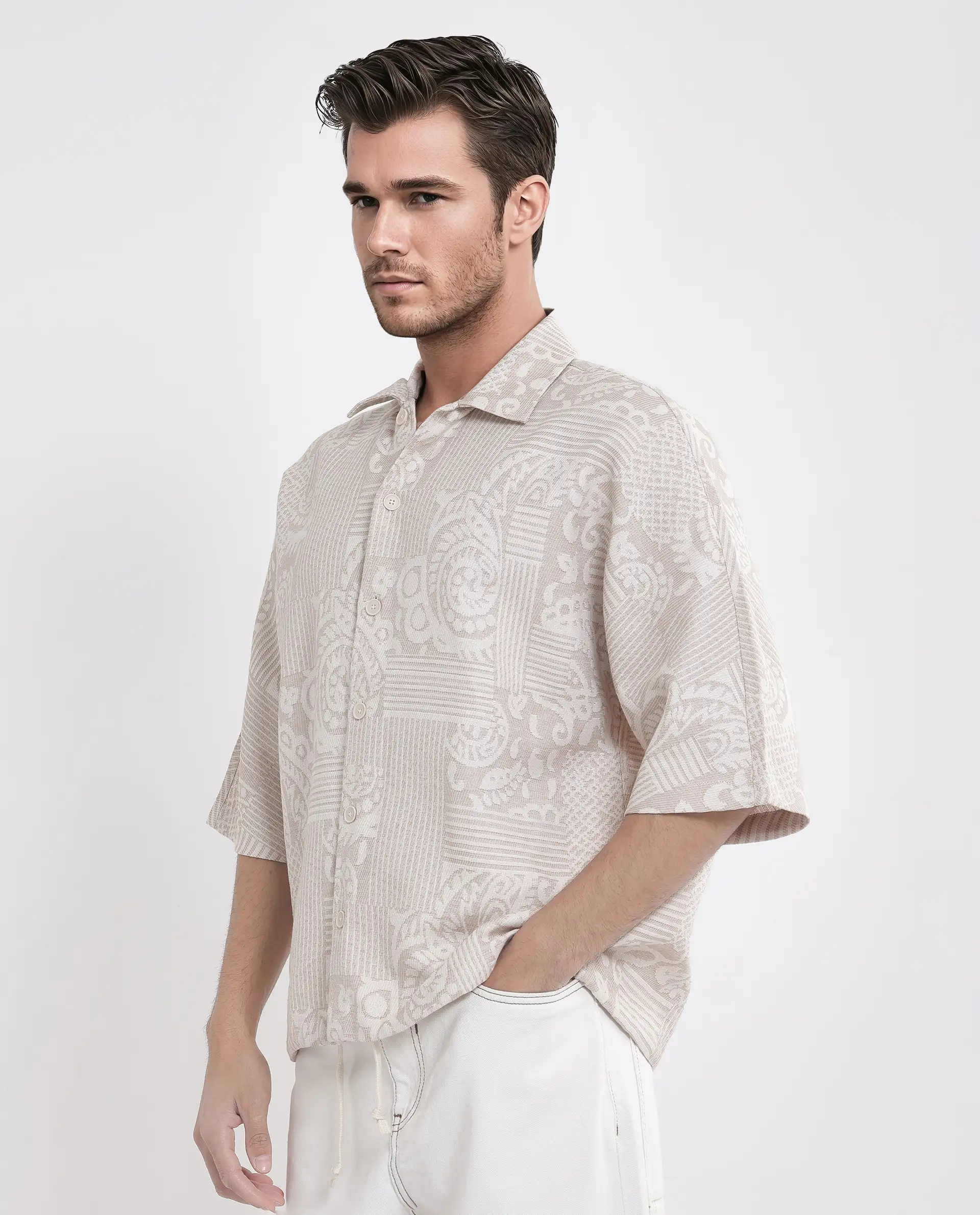 Rare Rabbit Men's Tyra Beige Cotton Blend Jacquard Oversized Fit Half Sleeve Collared Shacket - Image 6