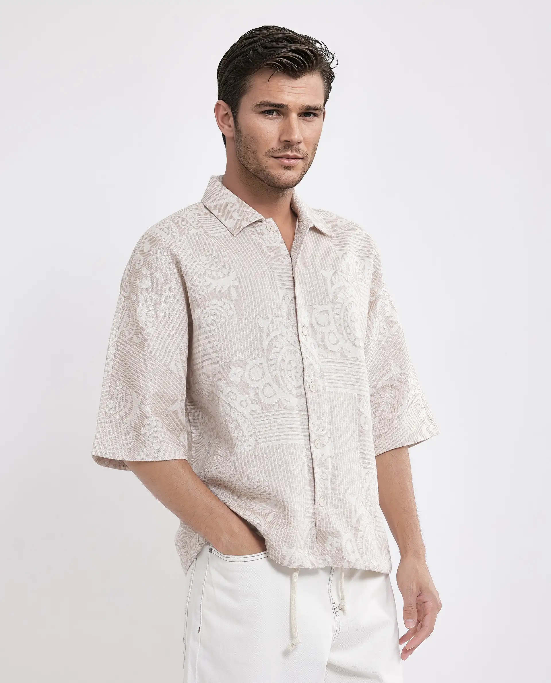 Rare Rabbit Men's Tyra Beige Cotton Blend Jacquard Oversized Fit Half Sleeve Collared Shacket - Image 7