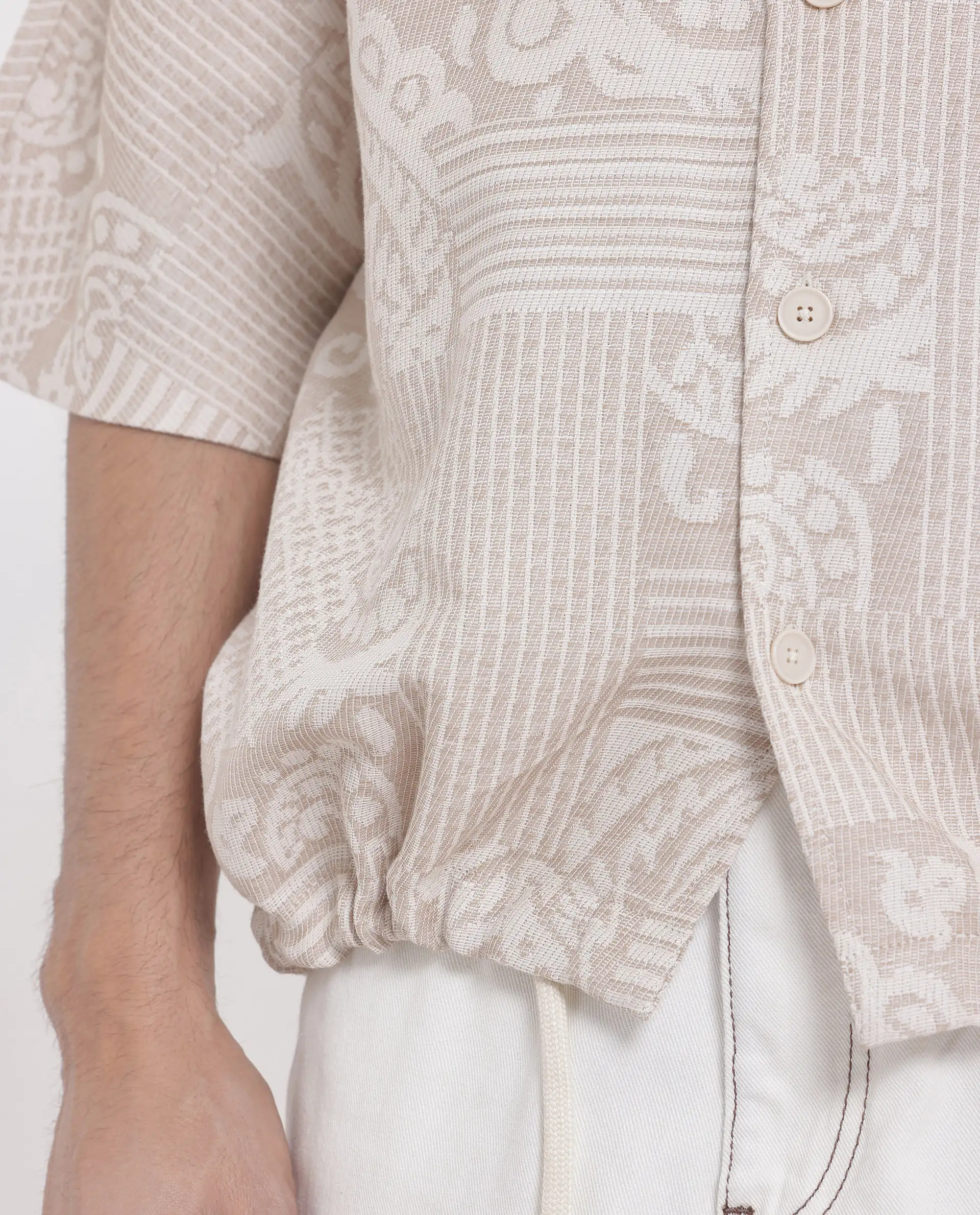 Rare Rabbit Men's Tyra Beige Cotton Blend Jacquard Oversized Fit Half Sleeve Collared Shacket - Image 8