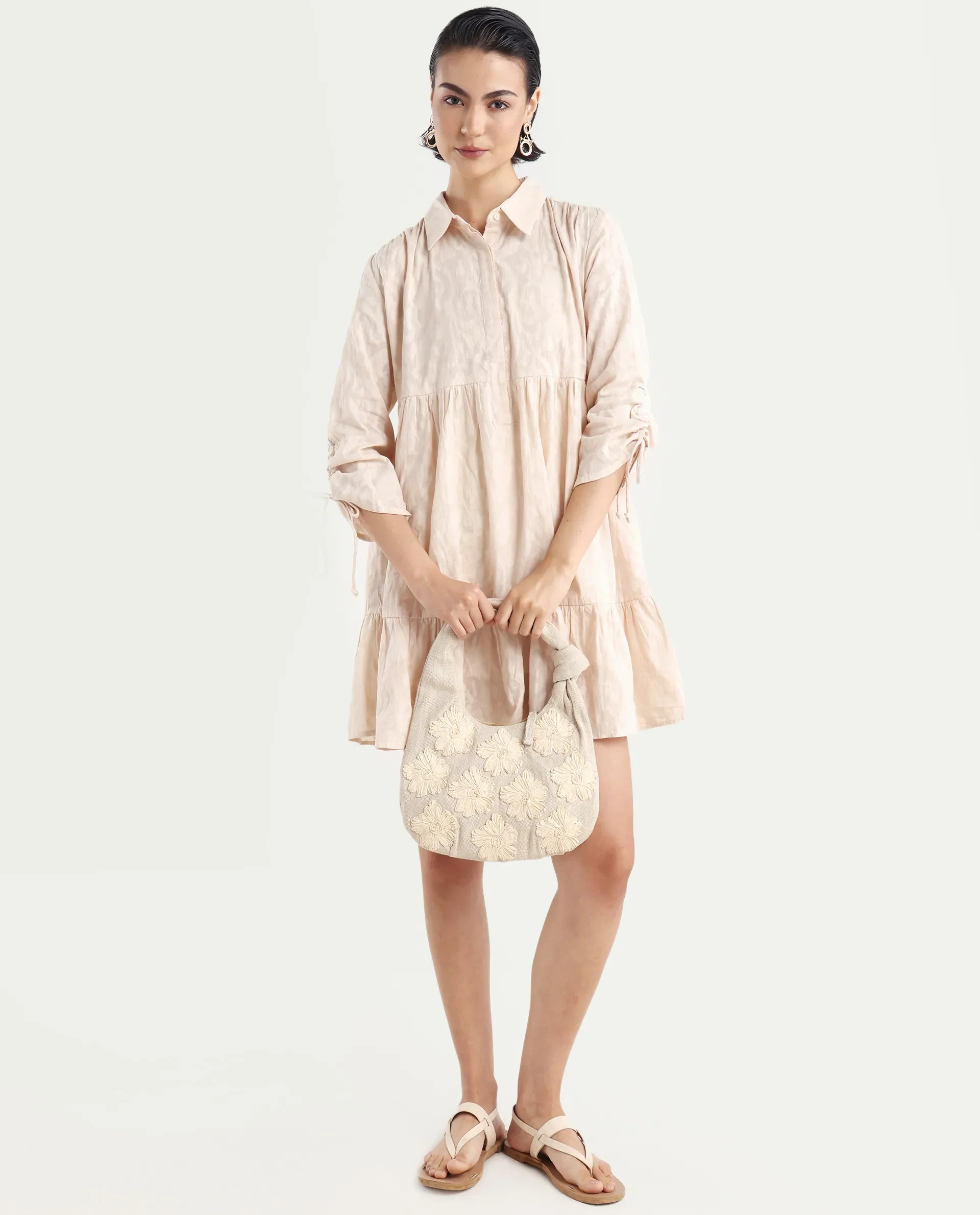 Rareism Women's Tyra Beige Cotton Spread Collar Printed Mini Relaxed Fit Dress - Image 2