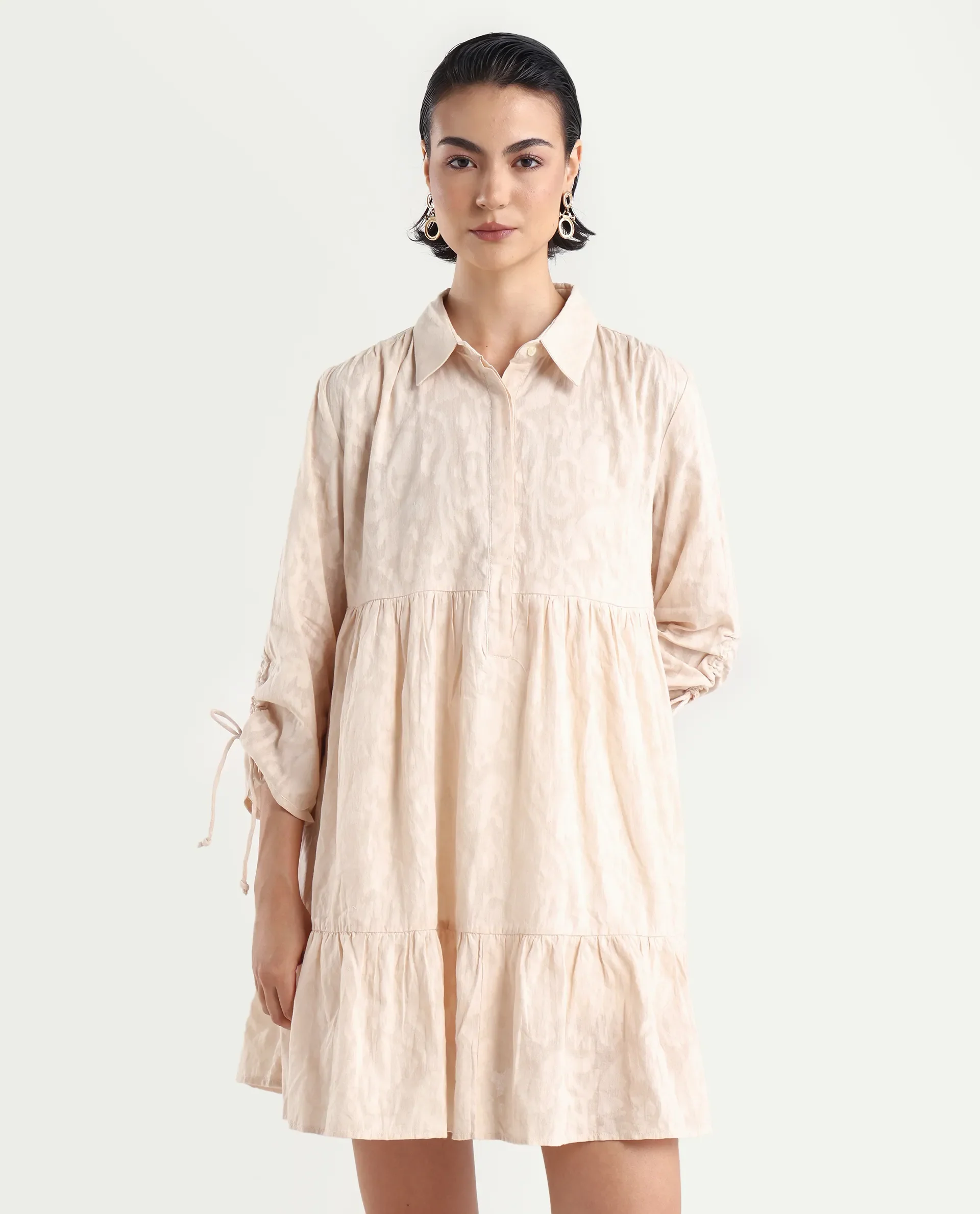 Rareism Women's Tyra Beige Cotton Spread Collar Printed Mini Relaxed Fit Dress - Image 3