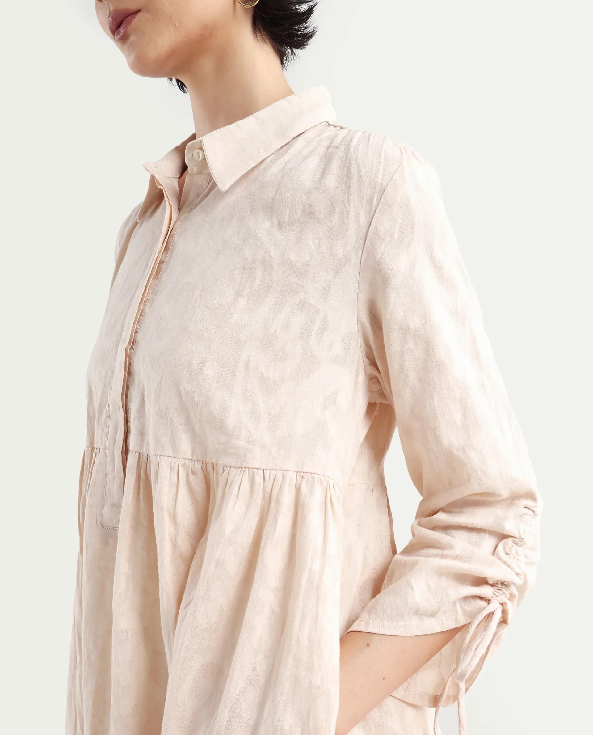 Rareism Women's Tyra Beige Cotton Spread Collar Printed Mini Relaxed Fit Dress - Image 4