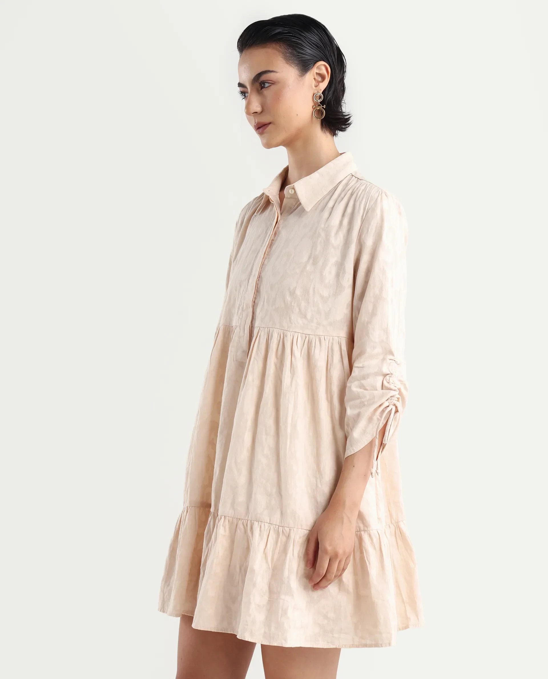 Rareism Women's Tyra Beige Cotton Spread Collar Printed Mini Relaxed Fit Dress - Image 5