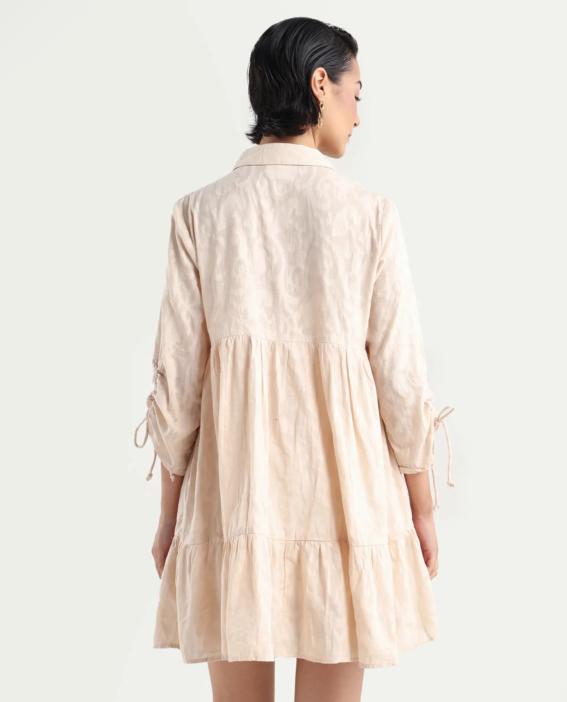 Rareism Women's Tyra Beige Cotton Spread Collar Printed Mini Relaxed Fit Dress - Image 7