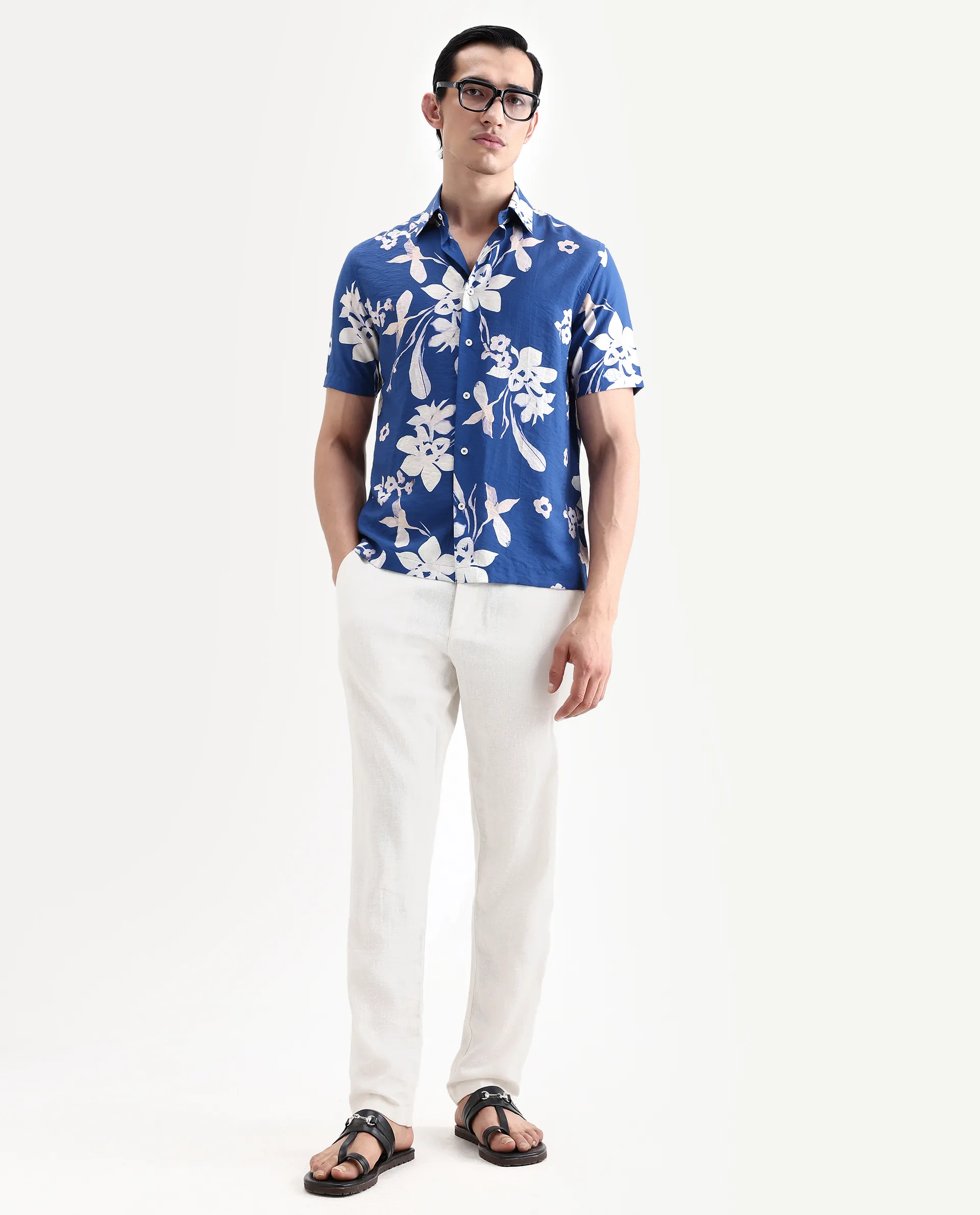 Rare Rabbit Men's Tyro Blue Viscose Blend Fabric Half Sleeve Spread Collar Regular Fit Floral Print Shirt - Image 2