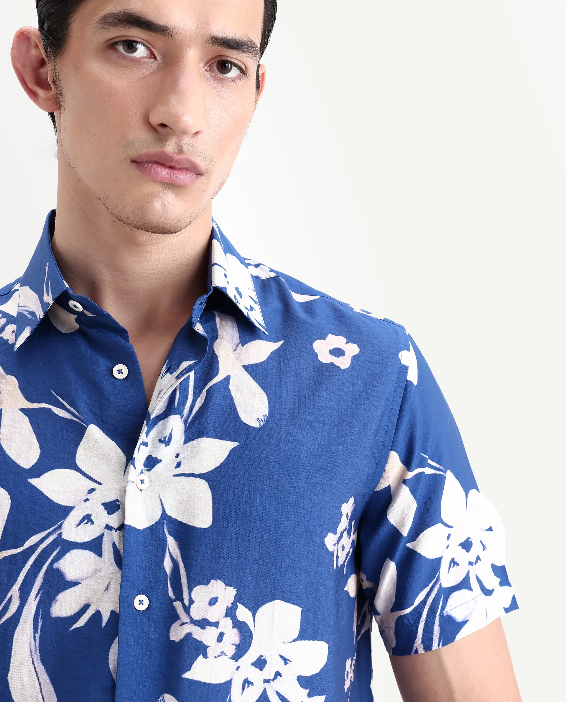 Rare Rabbit Men's Tyro Blue Viscose Blend Fabric Half Sleeve Spread Collar Regular Fit Floral Print Shirt - Image 3