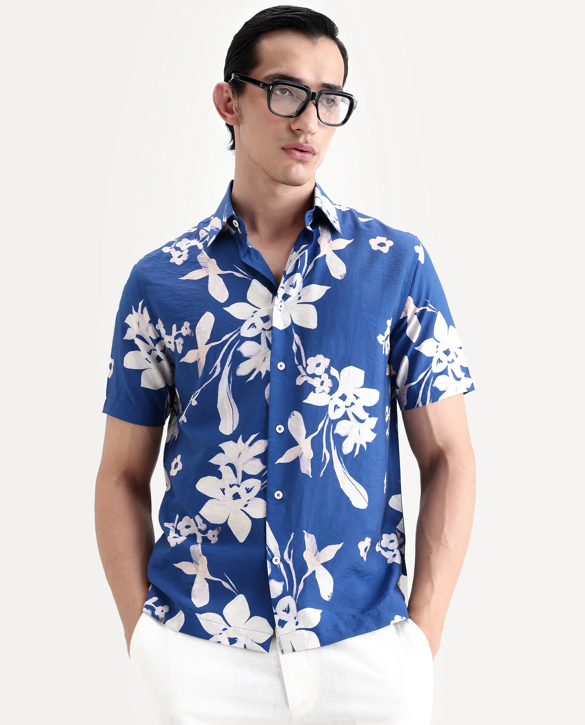 Rare Rabbit Men's Tyro Blue Viscose Blend Fabric Half Sleeve Spread Collar Regular Fit Floral Print Shirt - Image 4