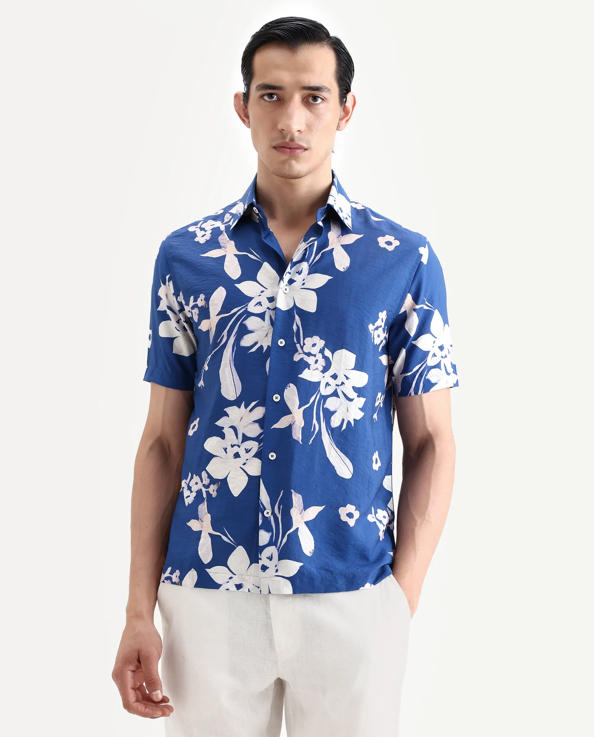 Rare Rabbit Men's Tyro Blue Viscose Blend Fabric Half Sleeve Spread Collar Regular Fit Floral Print Shirt - Image 5