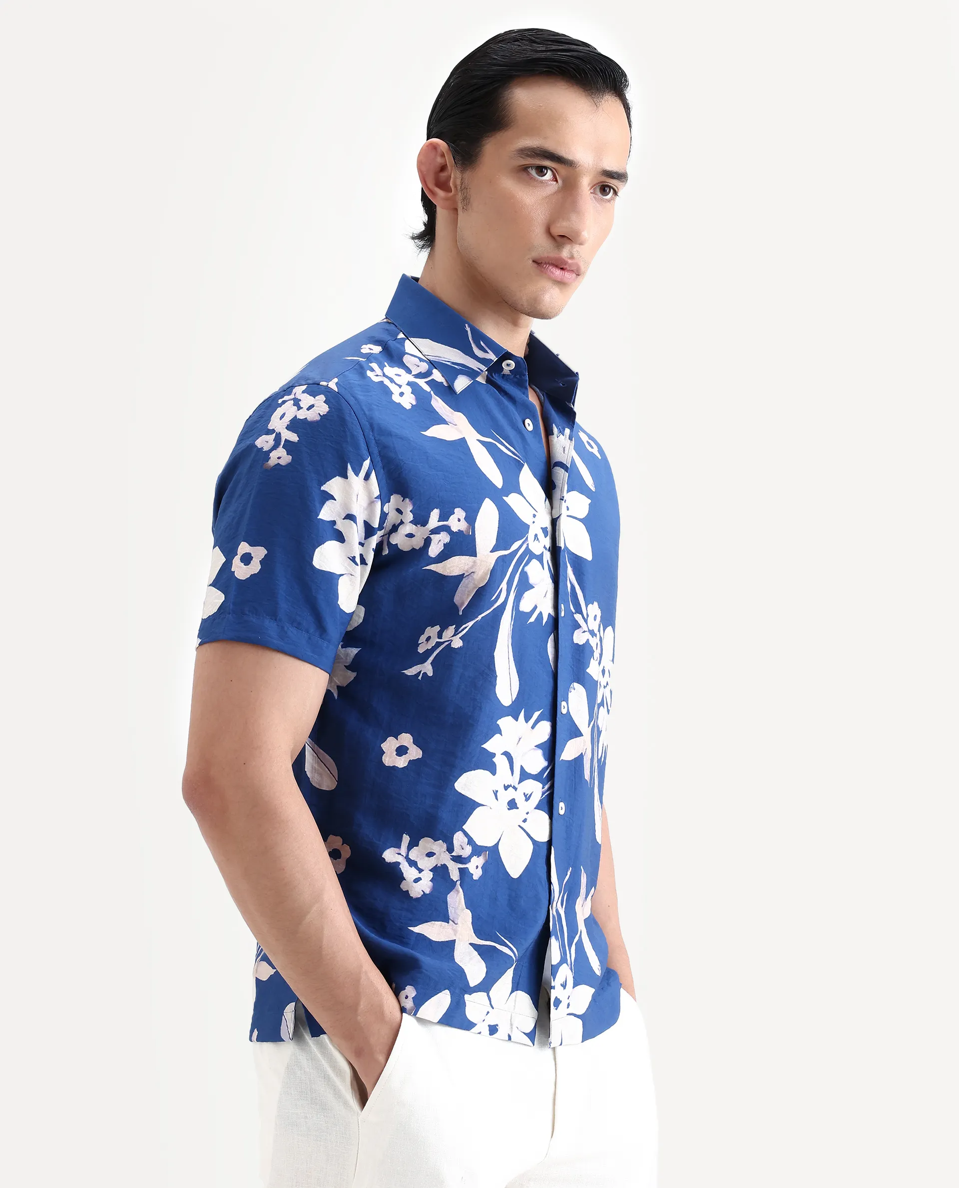 Rare Rabbit Men's Tyro Blue Viscose Blend Fabric Half Sleeve Spread Collar Regular Fit Floral Print Shirt - Image 6