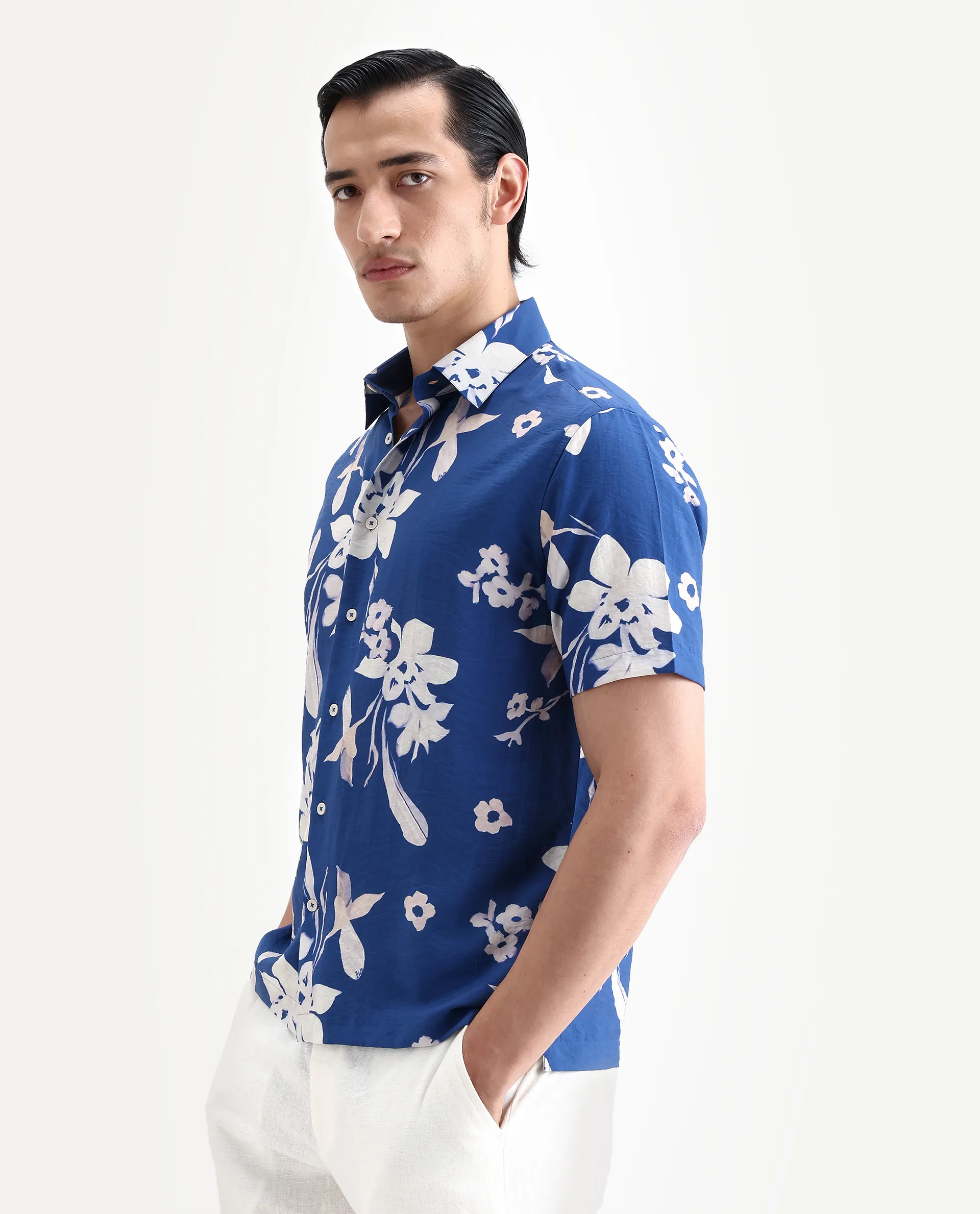 Rare Rabbit Men's Tyro Blue Viscose Blend Fabric Half Sleeve Spread Collar Regular Fit Floral Print Shirt - Image 7