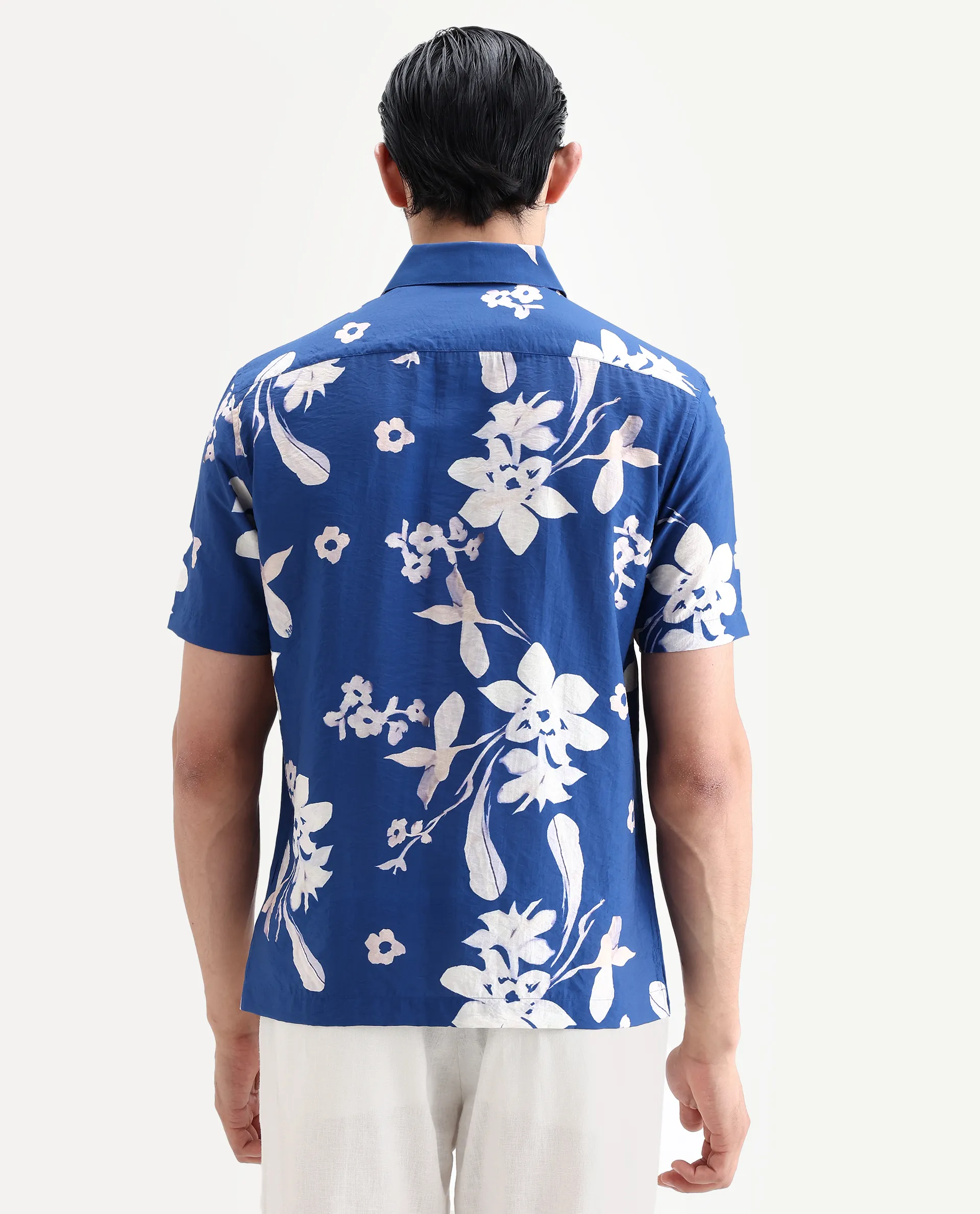 Rare Rabbit Men's Tyro Blue Viscose Blend Fabric Half Sleeve Spread Collar Regular Fit Floral Print Shirt - Image 8