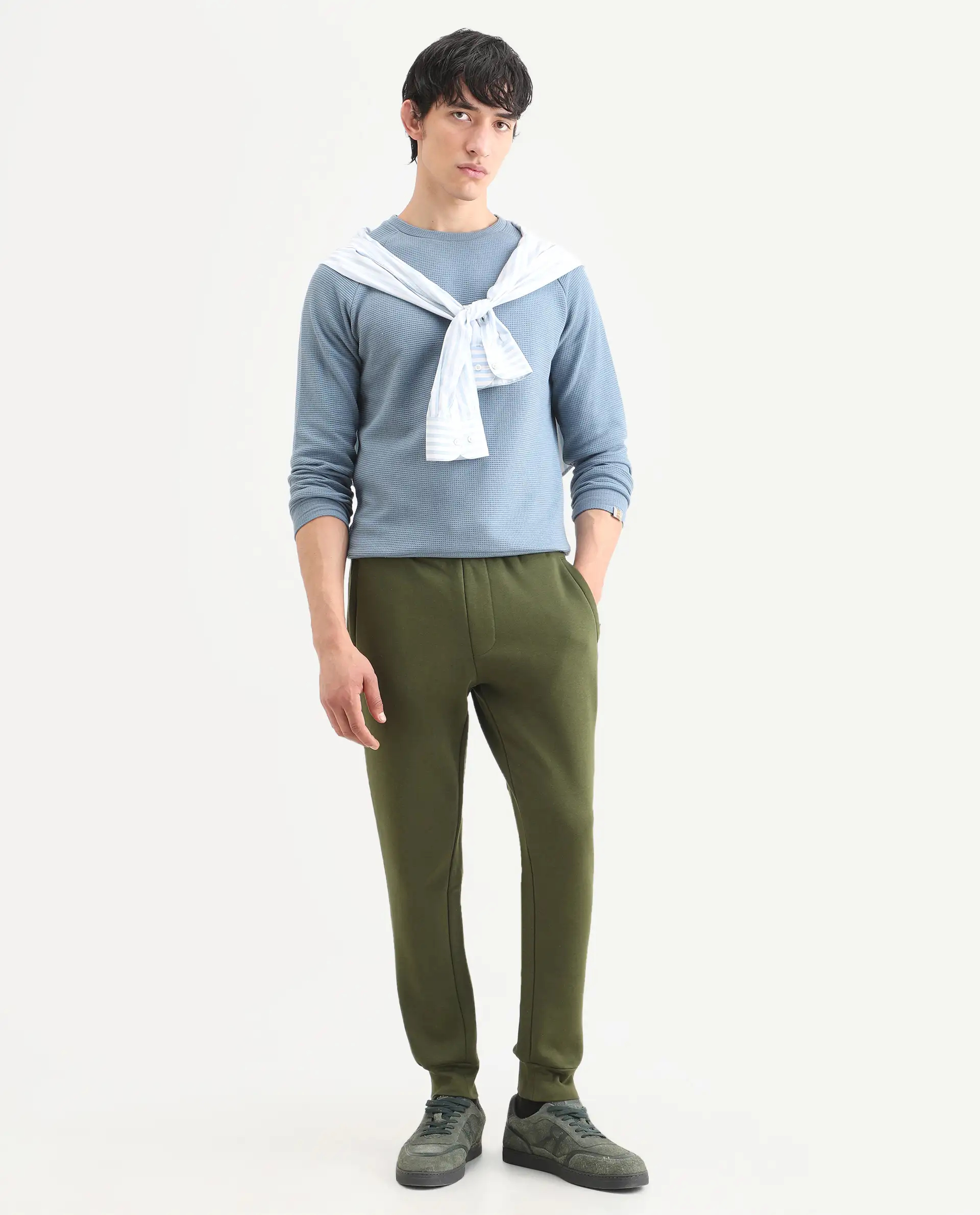 Rare Rabbit Men's Tyrone Olive Cotton Plain Regular Fit Joggers