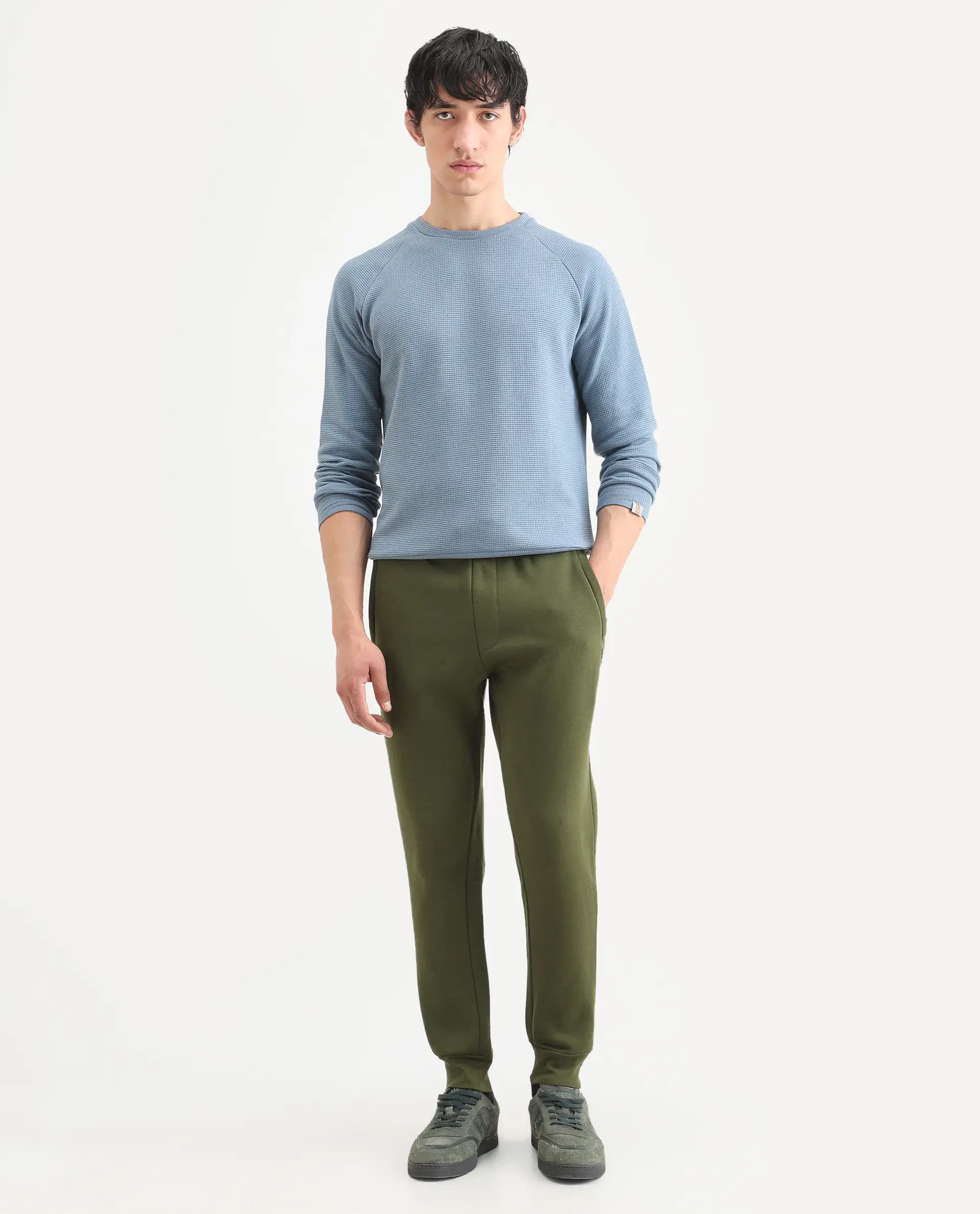 Rare Rabbit Men's Tyrone Olive Cotton Plain Regular Fit Joggers - Image 2