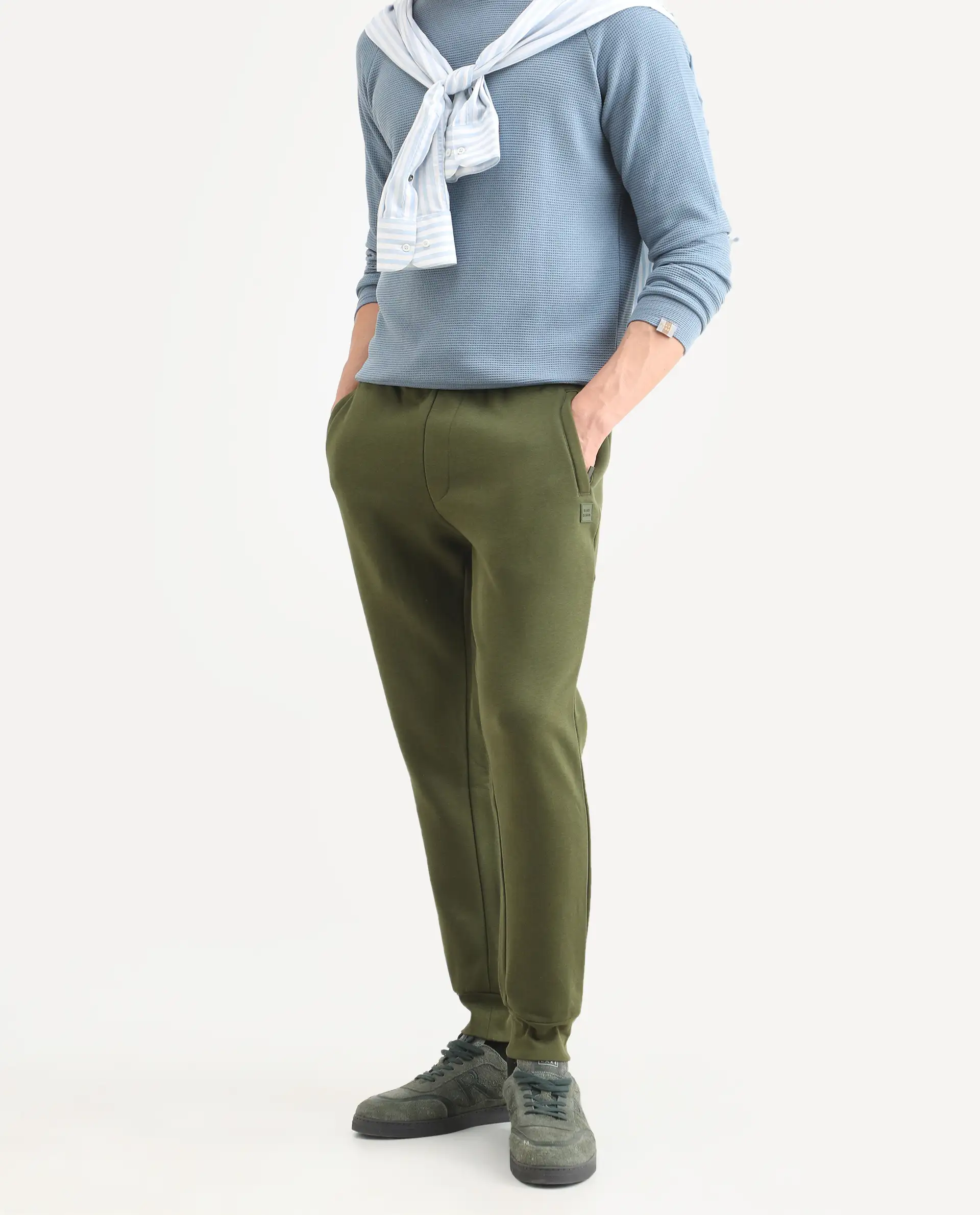Rare Rabbit Men's Tyrone Olive Cotton Plain Regular Fit Joggers - Image 3