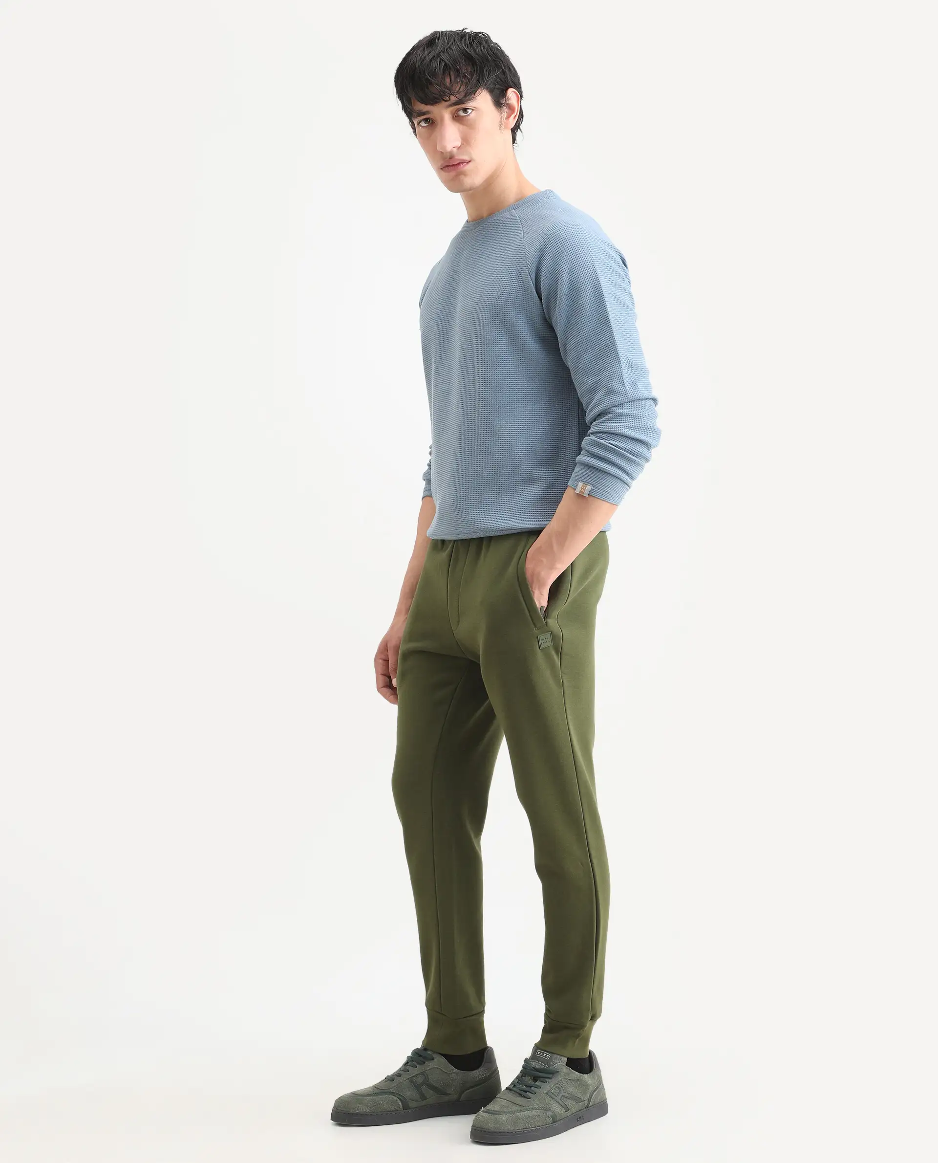 Rare Rabbit Men's Tyrone Olive Cotton Plain Regular Fit Joggers - Image 5