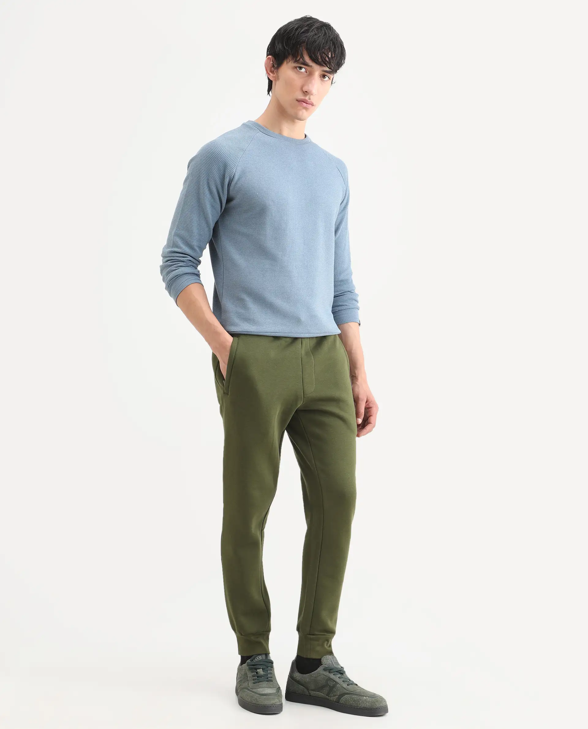 Rare Rabbit Men's Tyrone Olive Cotton Plain Regular Fit Joggers - Image 6