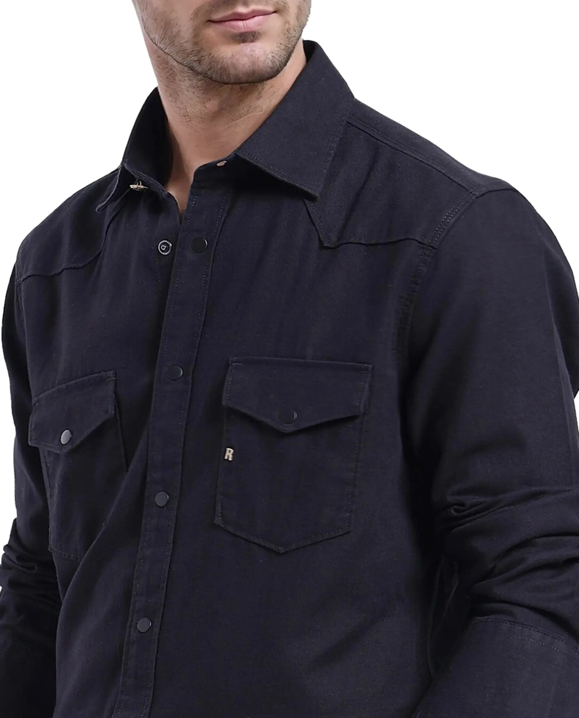Rare Rabbit Men's Tyson-1 Black Cotton Plain Regular Fit Full Sleeve Collared Shirt - Image 3