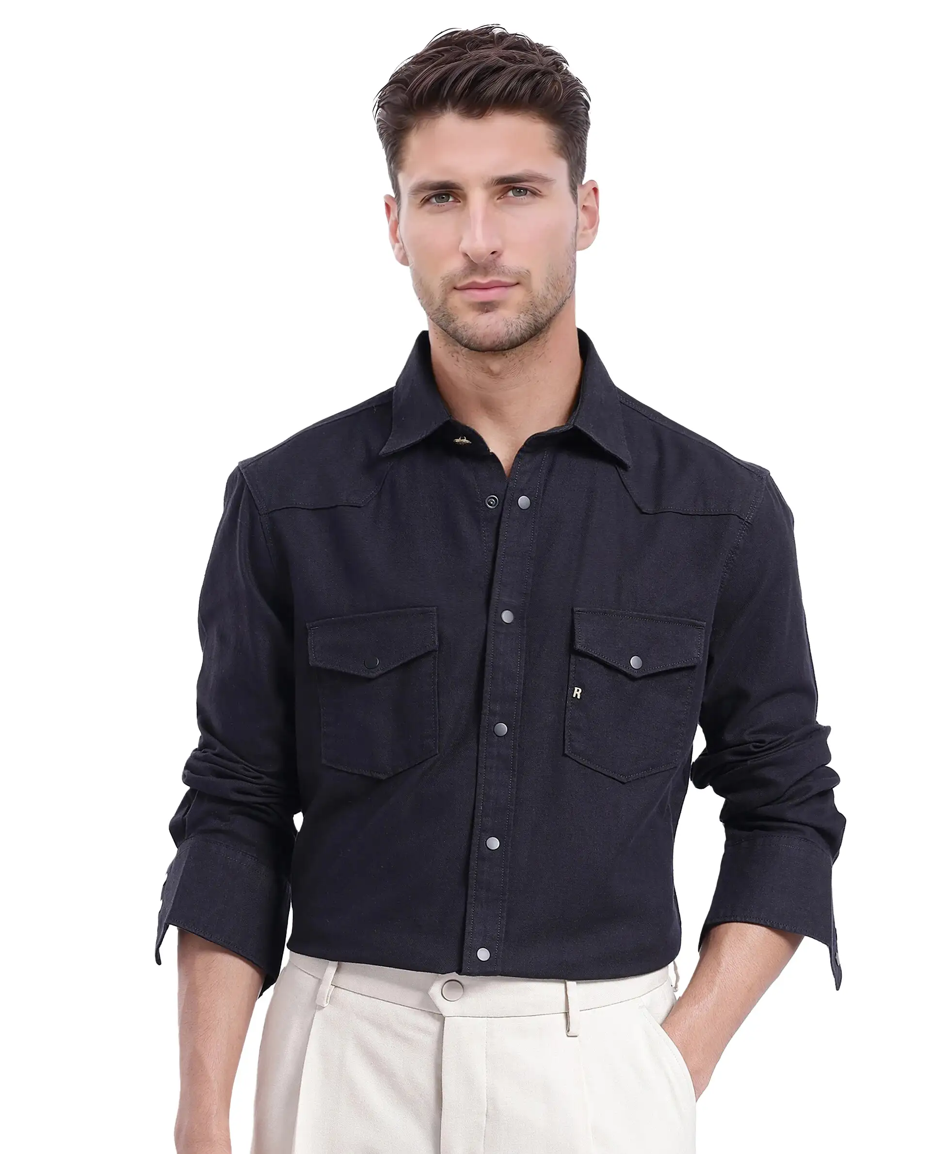 Rare Rabbit Men's Tyson-1 Black Cotton Plain Regular Fit Full Sleeve Collared Shirt - Image 6