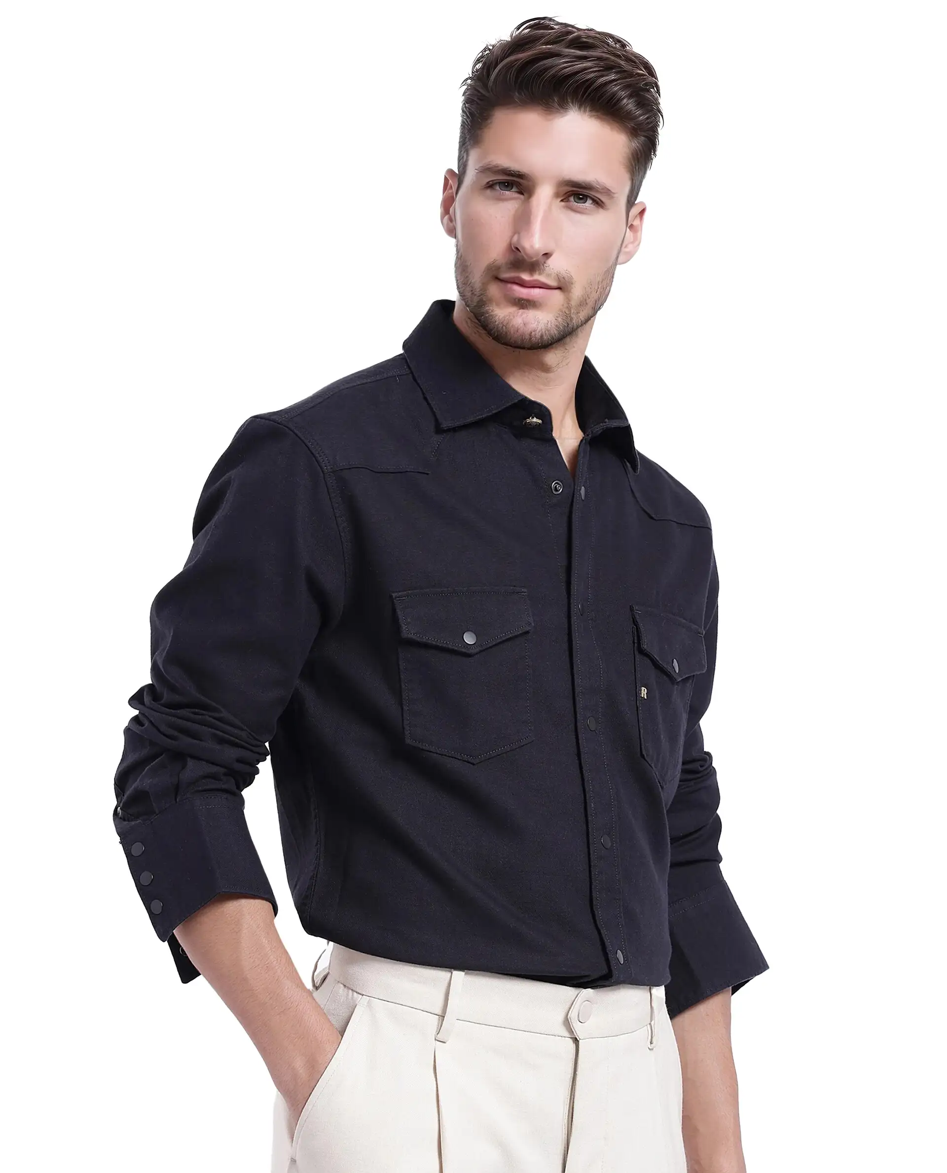 Rare Rabbit Men's Tyson-1 Black Cotton Plain Regular Fit Full Sleeve Collared Shirt - Image 8