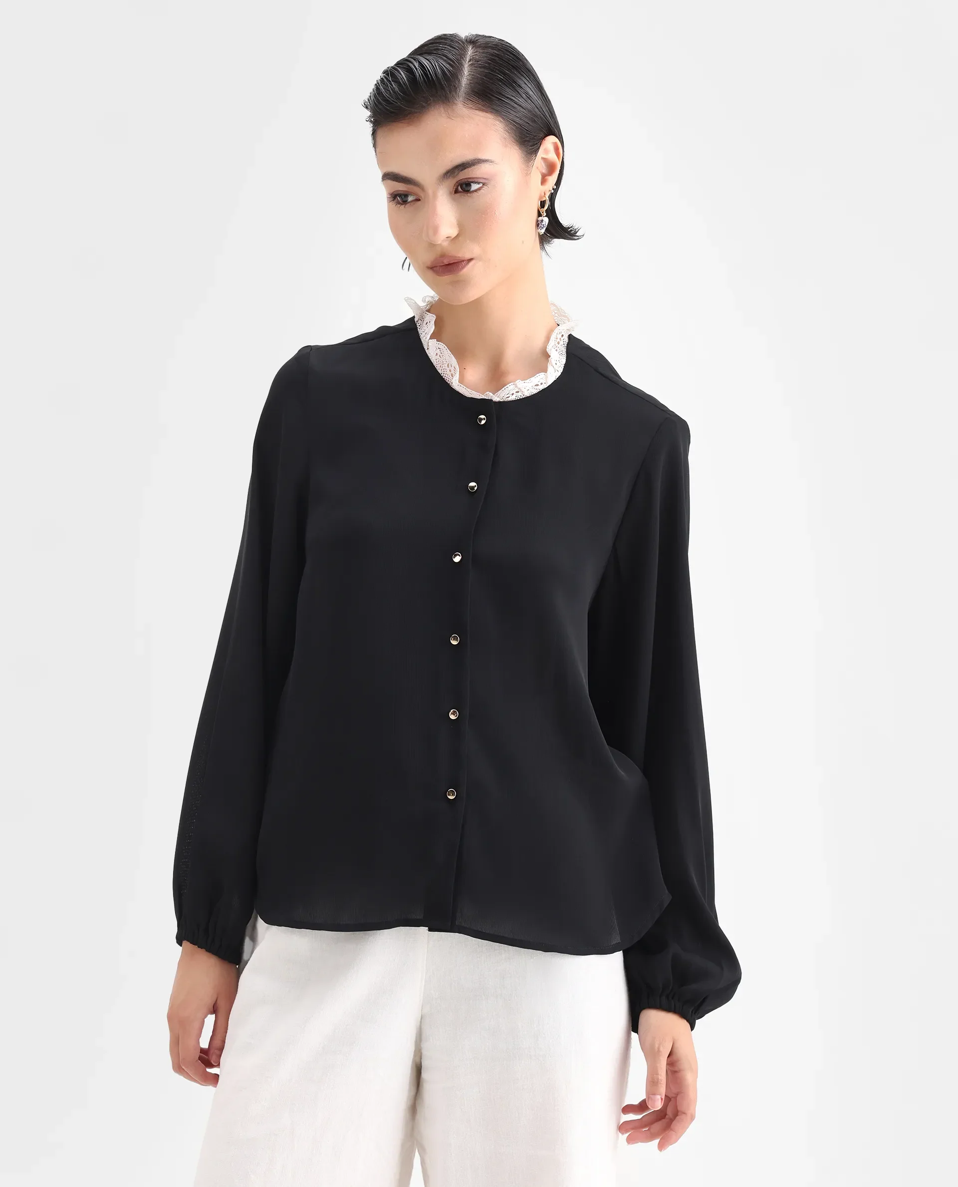Rareism Women's Ubik Black Polyester Blend Crew Neck Plain Bishop Sleeve Regular Fit Top - Image 3
