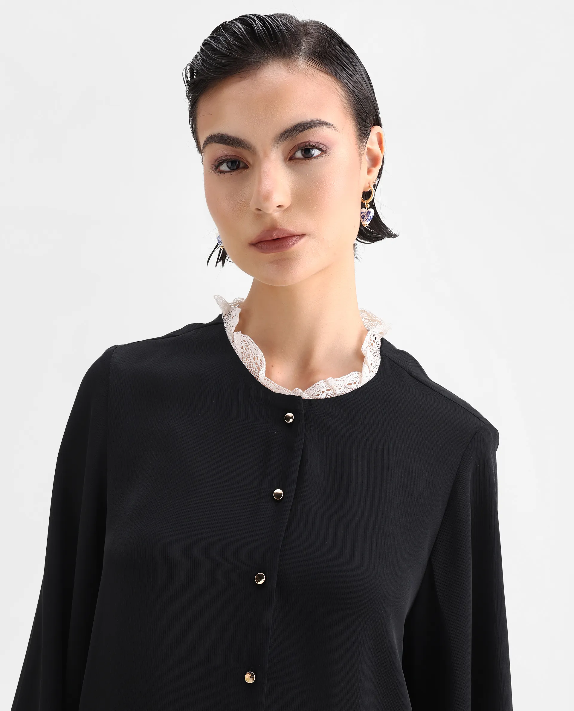 Rareism Women's Ubik Black Polyester Blend Crew Neck Plain Bishop Sleeve Regular Fit Top - Image 4