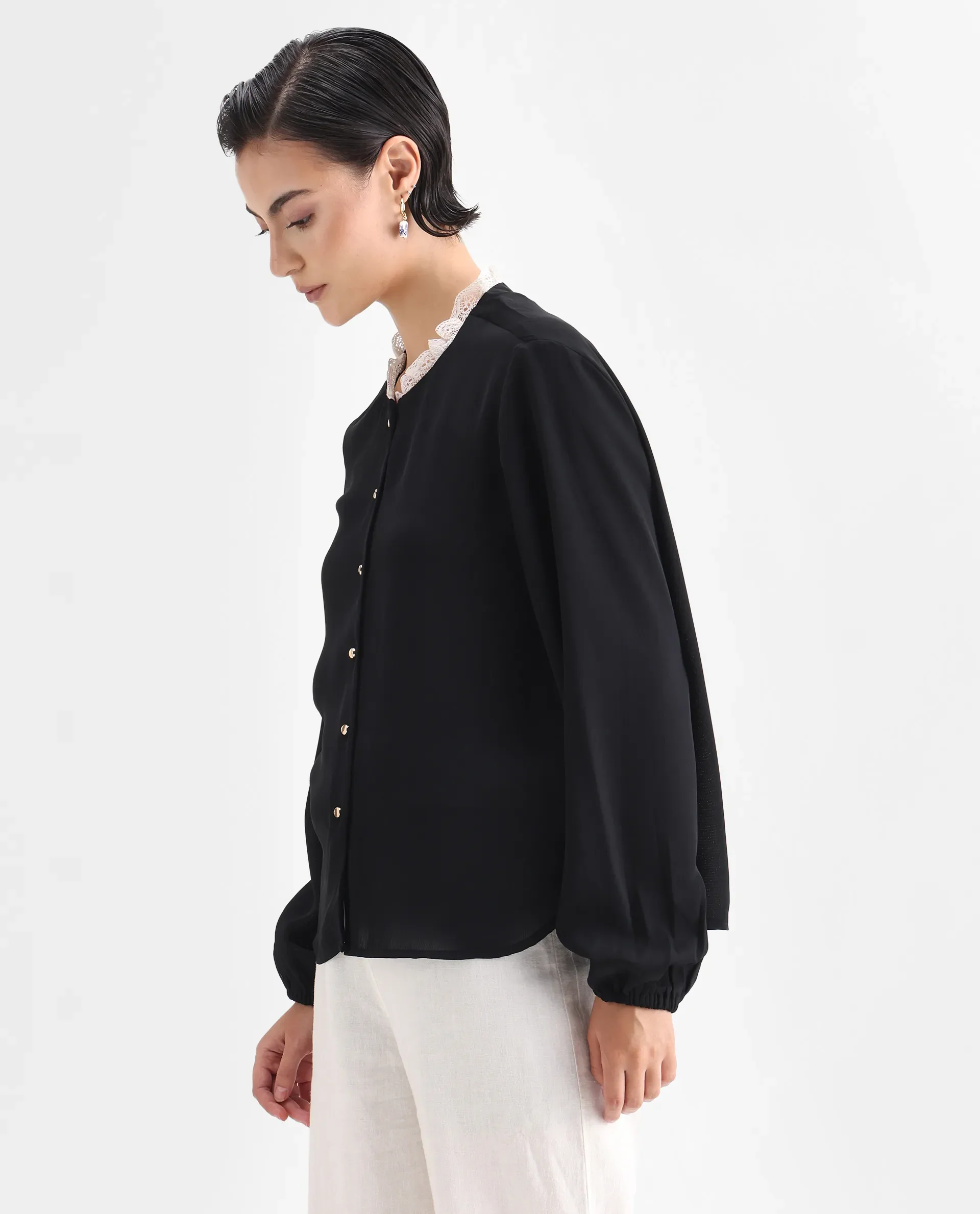 Rareism Women's Ubik Black Polyester Blend Crew Neck Plain Bishop Sleeve Regular Fit Top - Image 5