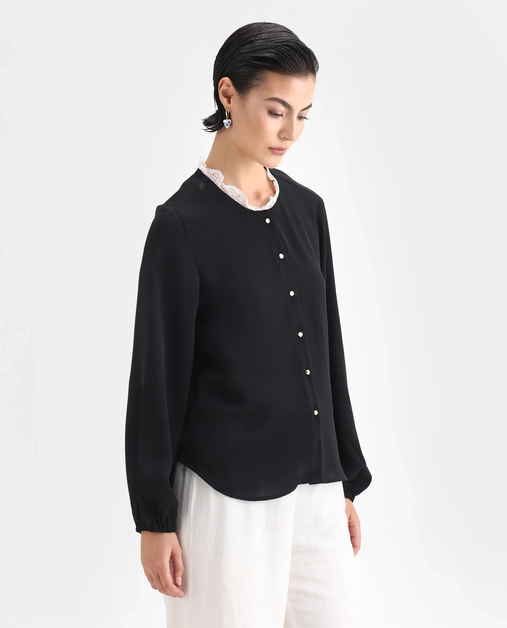 Rareism Women's Ubik Black Polyester Blend Crew Neck Plain Bishop Sleeve Regular Fit Top - Image 6