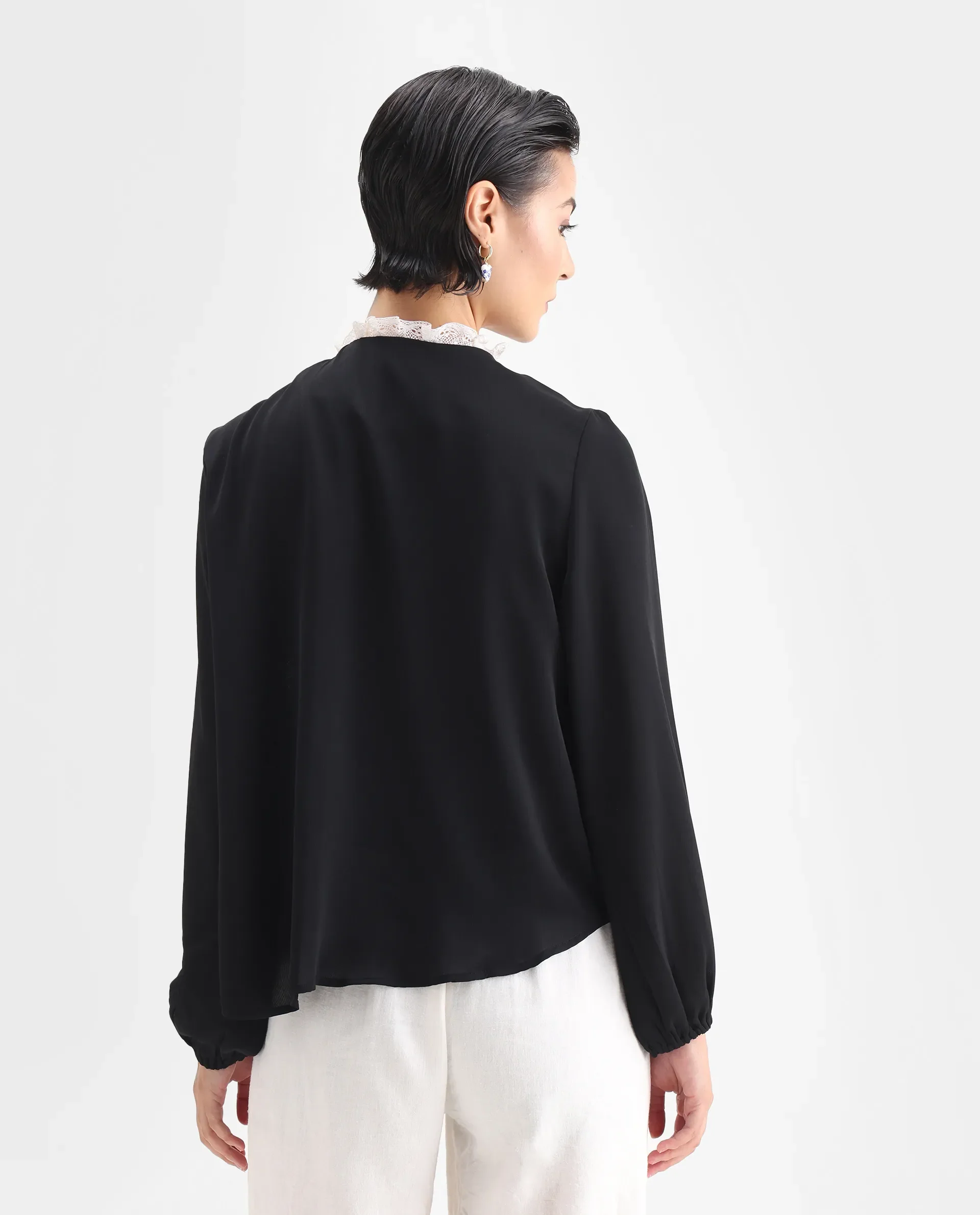 Rareism Women's Ubik Black Polyester Blend Crew Neck Plain Bishop Sleeve Regular Fit Top - Image 7