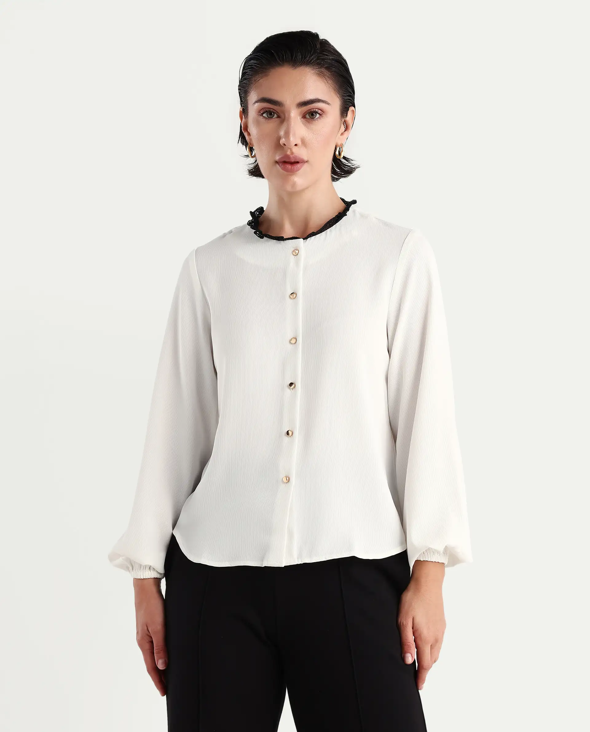Rareism Women's Ubik White Polyester Blend Crew Neck Plain Bishop Sleeve Regular Fit Top - Image 3