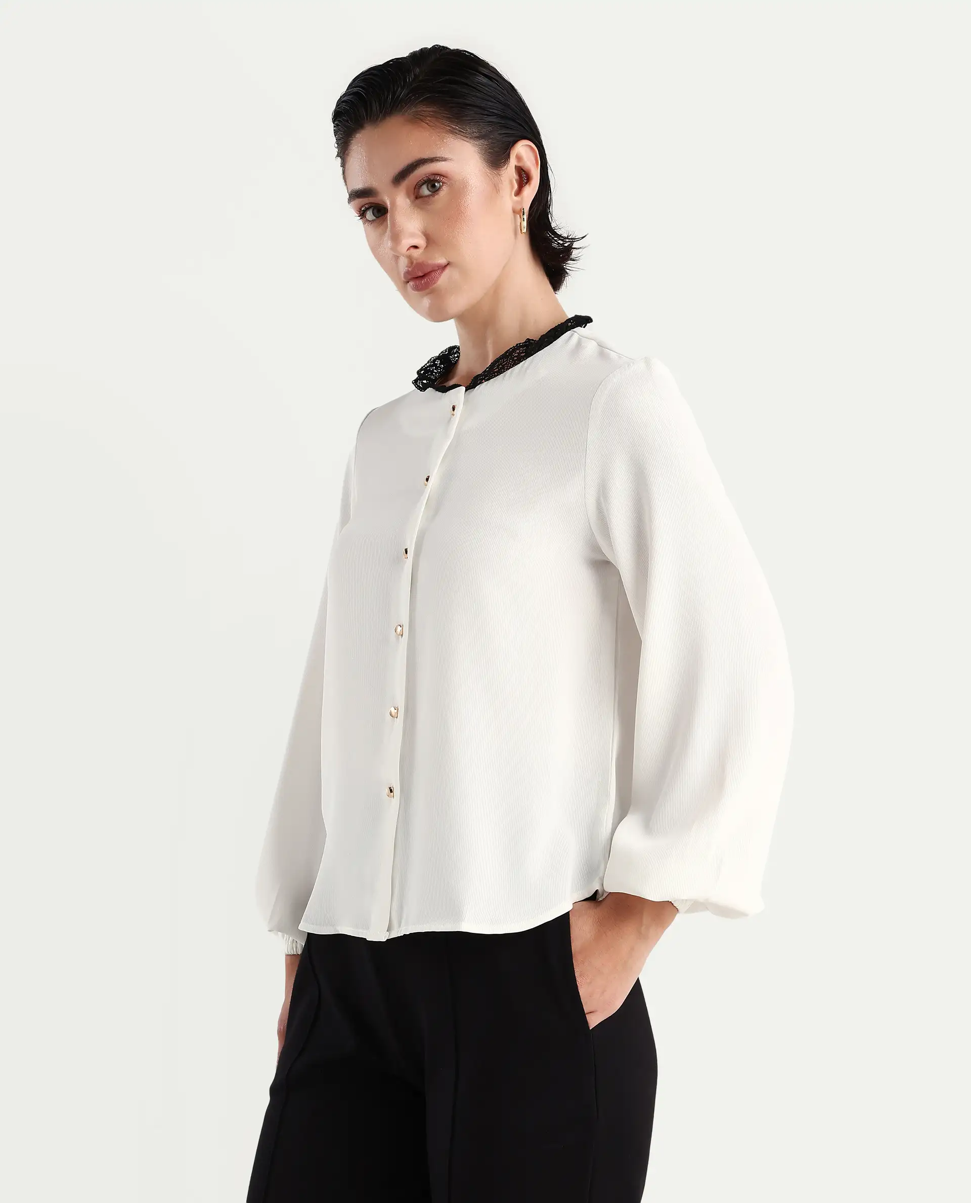 Rareism Women's Ubik White Polyester Blend Crew Neck Plain Bishop Sleeve Regular Fit Top - Image 4