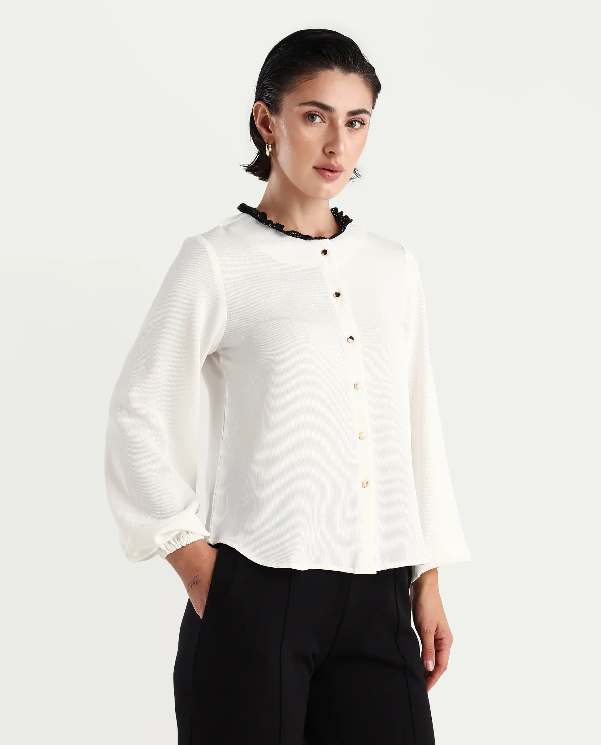 Rareism Women's Ubik White Polyester Blend Crew Neck Plain Bishop Sleeve Regular Fit Top - Image 5